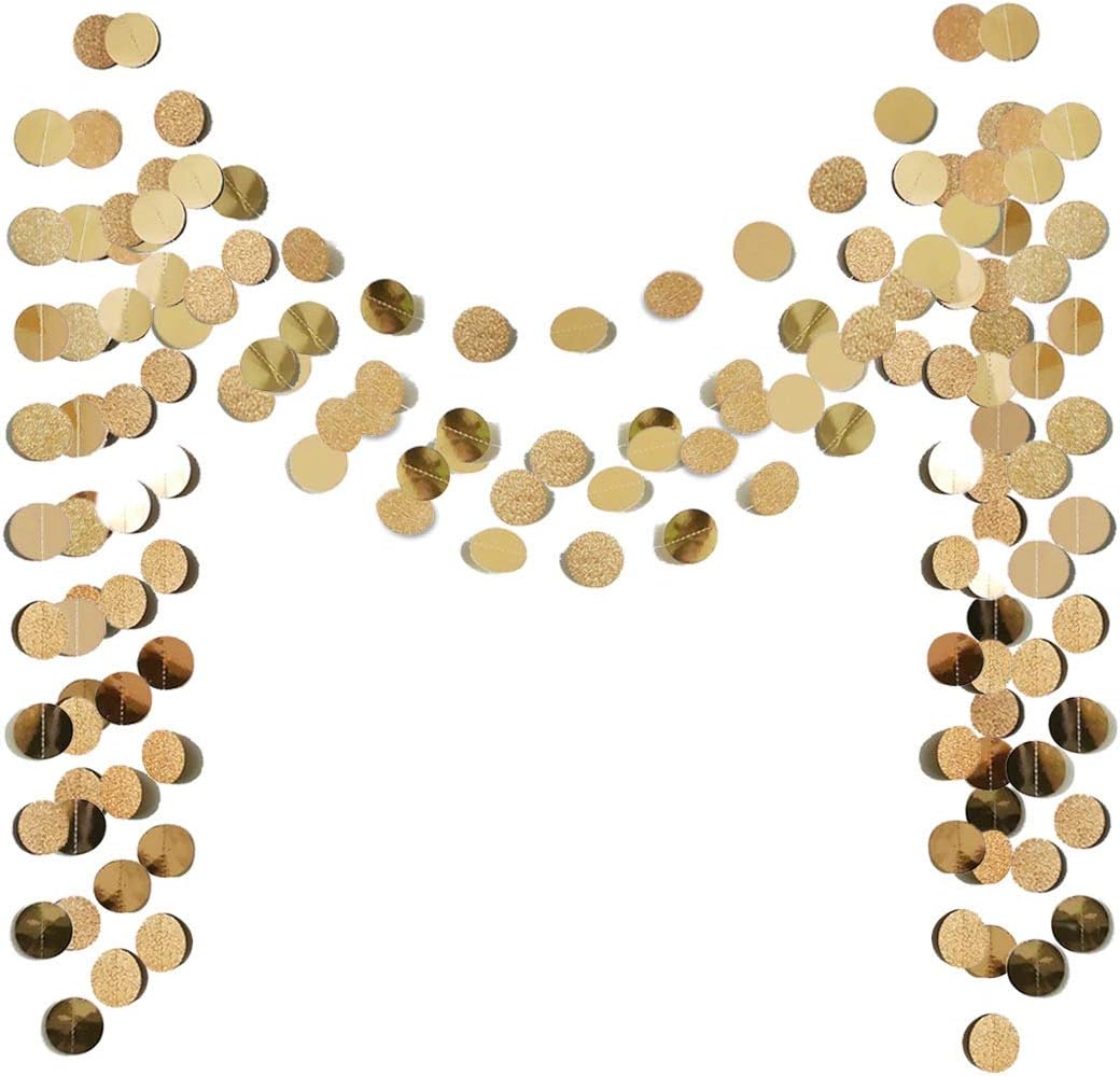6 Pcs Glitter Champagne Gold Paper Circle Dots Garland (52 Feet) Party Hanging Bunting Birthday Decorations Engagement Bridal Shower Wedding Baby Christmas Supplies Photo Backdrop - Image 1