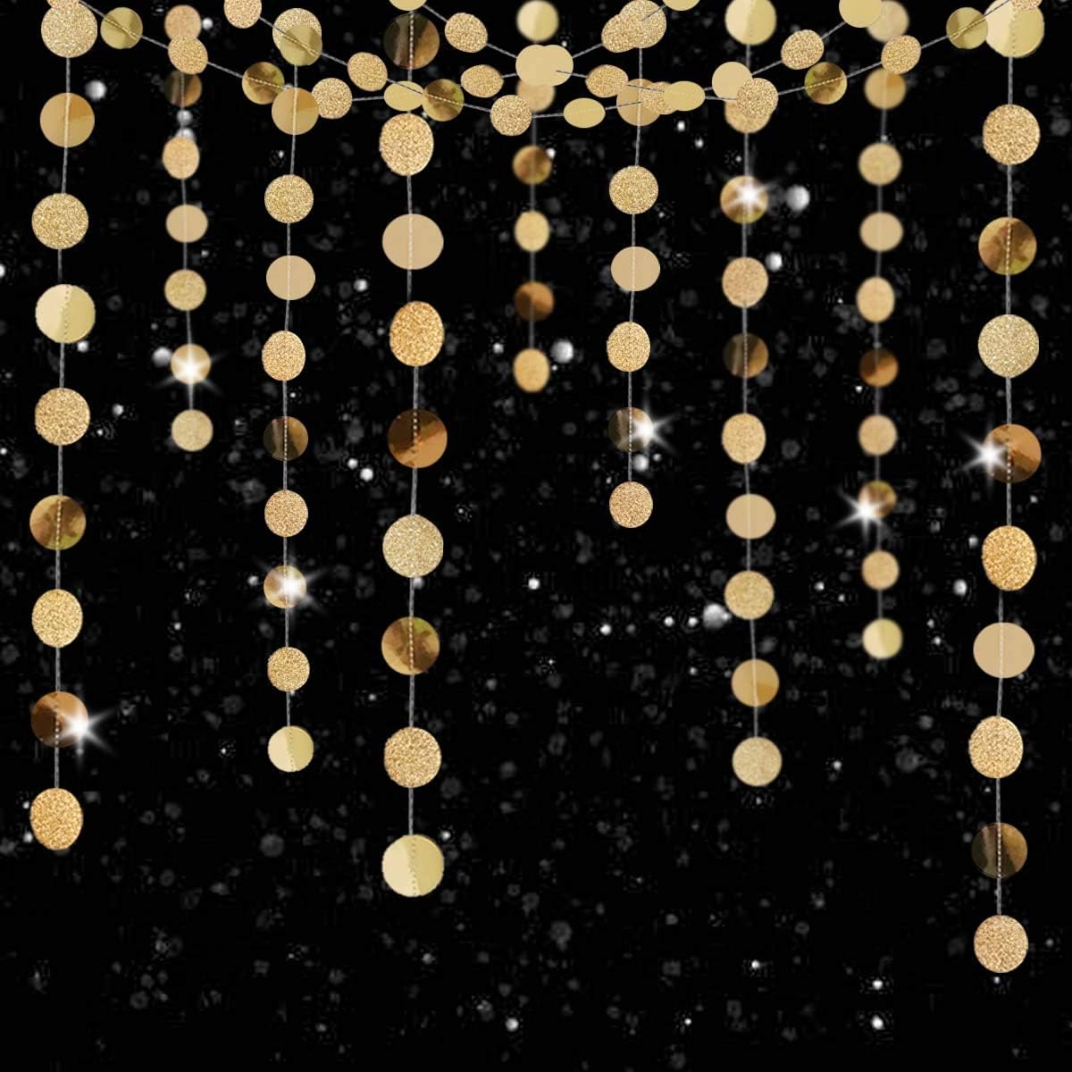 6 Pcs Glitter Champagne Gold Paper Circle Dots Garland (52 Feet) Party Hanging Bunting Birthday Decorations Engagement Bridal Shower Wedding Baby Christmas Supplies Photo Backdrop - Image 2