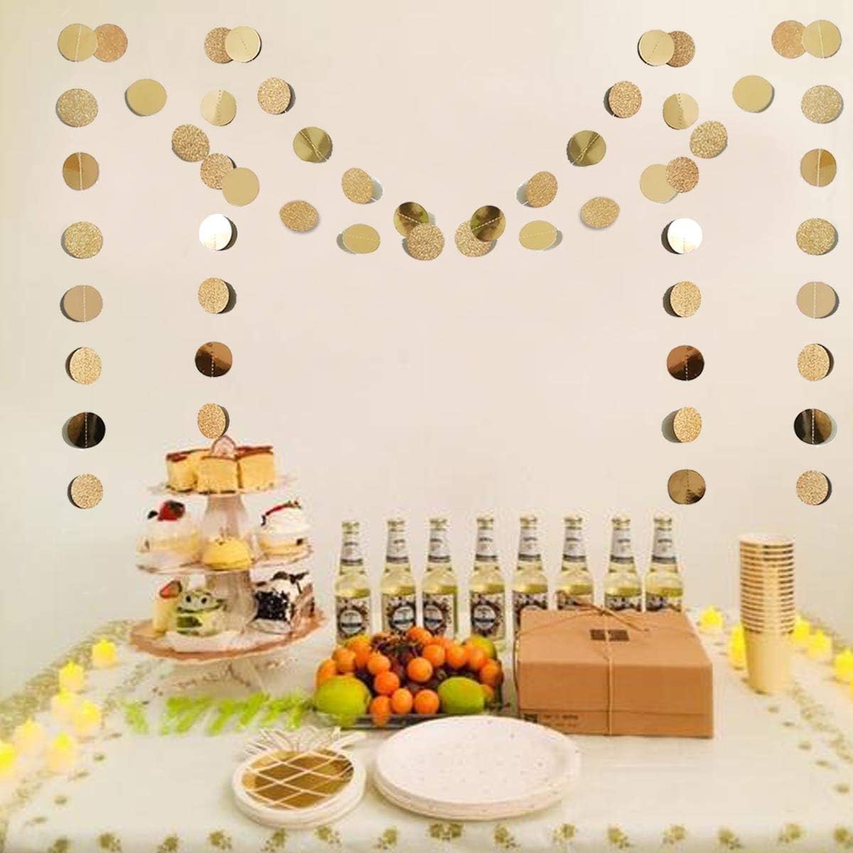 6 Pcs Glitter Champagne Gold Paper Circle Dots Garland (52 Feet) Party Hanging Bunting Birthday Decorations Engagement Bridal Shower Wedding Baby Christmas Supplies Photo Backdrop - Image 3