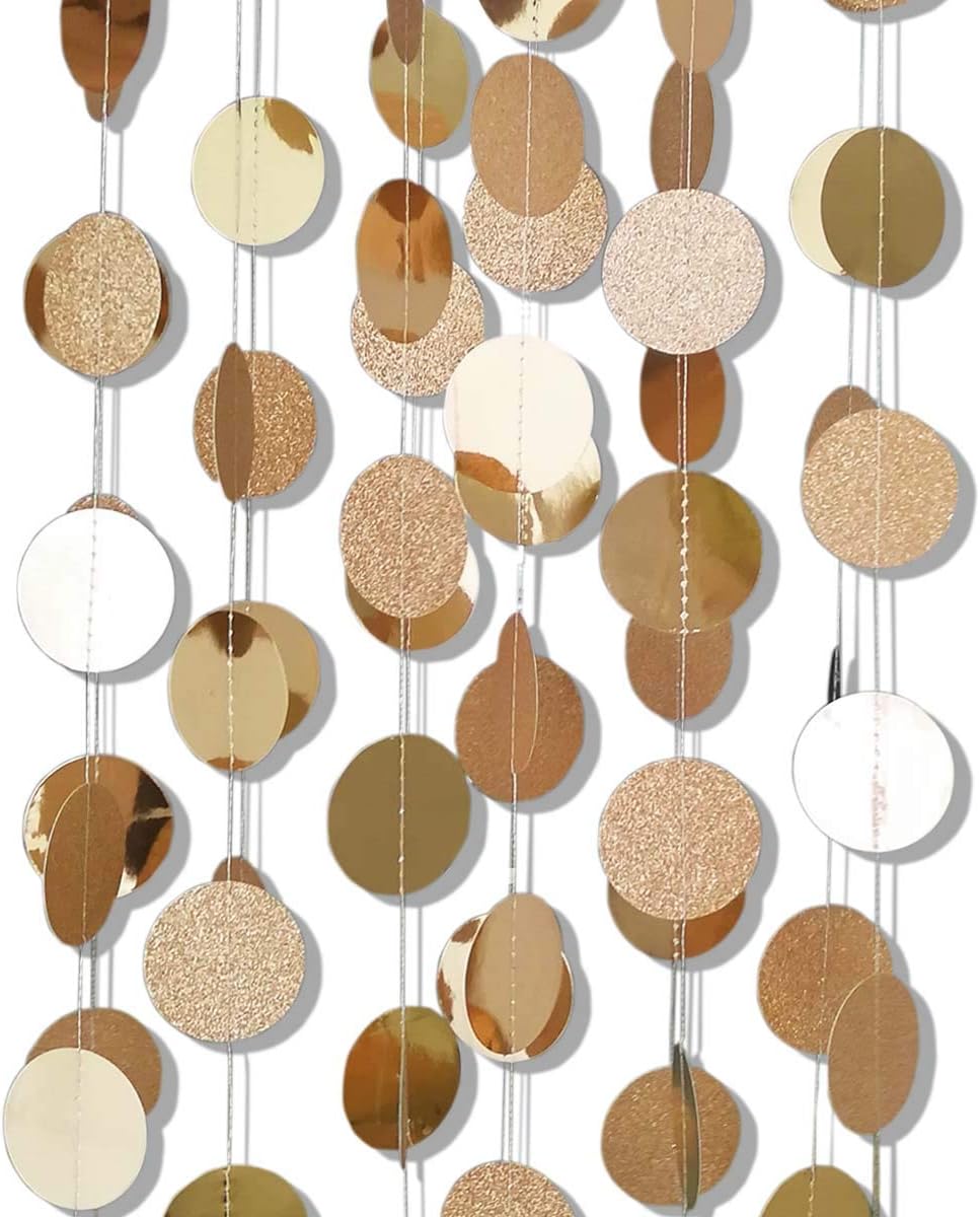 6 Pcs Glitter Champagne Gold Paper Circle Dots Garland (52 Feet) Party Hanging Bunting Birthday Decorations Engagement Bridal Shower Wedding Baby Christmas Supplies Photo Backdrop - Image 4