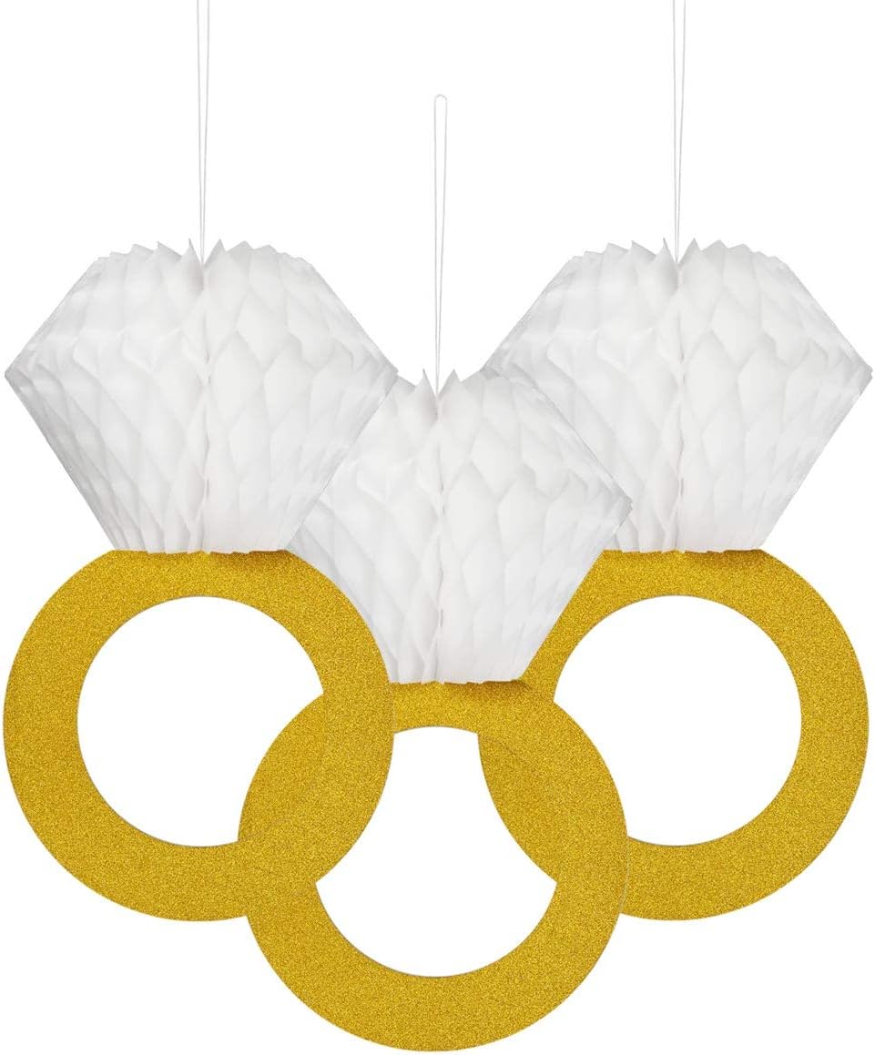 Petluno Glitter Gold Honeycomb Diamond Ring Hanging Decorations (3 Pieces) Bachelorette Party Engagement Bridal Shower Wedding Anniversary Supplies - Image 1
