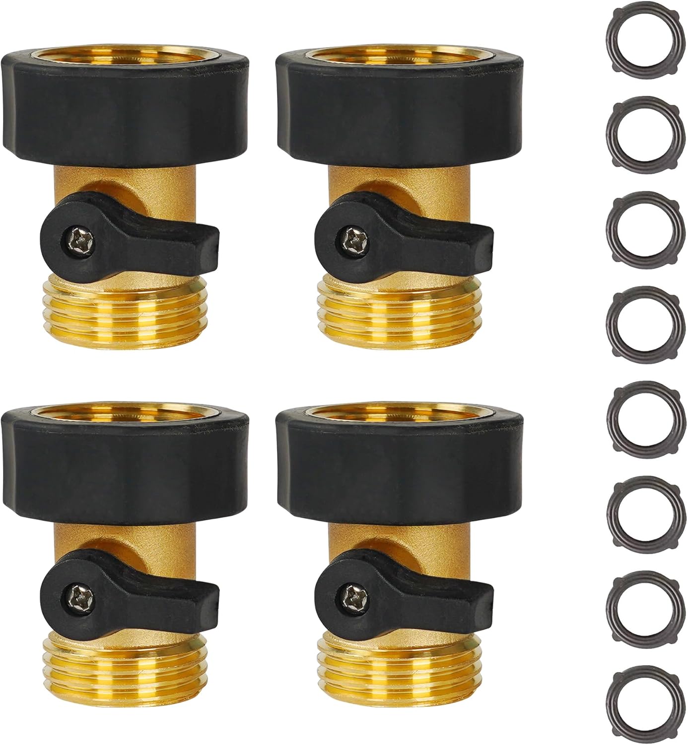 Garden Hose Shut Off Valve, 4 Pack 3/4 Inch Heavy Duty Solid Brass Garden Hose Connector, Water Shut Off Valve with 8 Extra Rubber Washers - Image 1