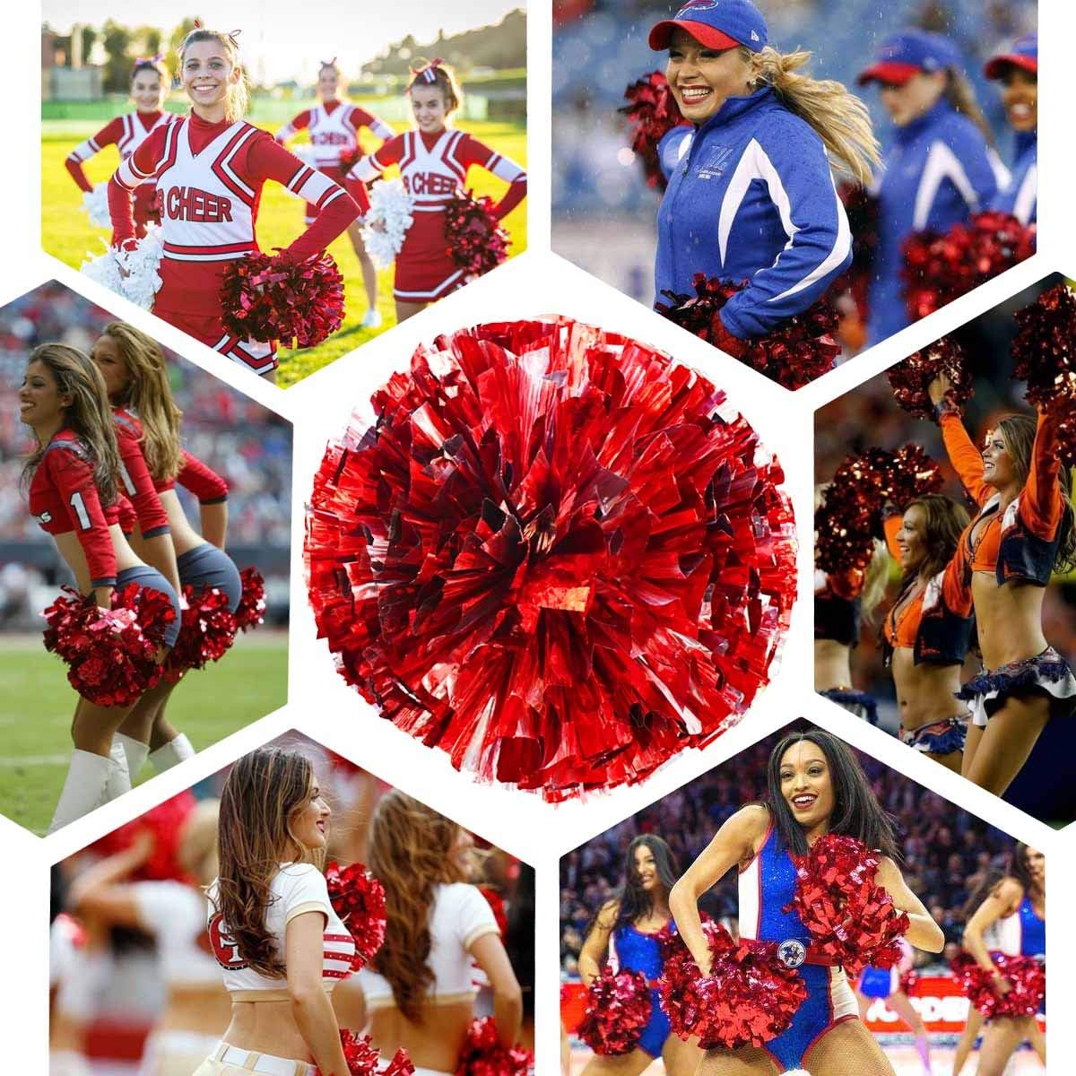Petluno 4 Pack (2 Pair) Metallic Foil Cheerleader Pom Poms & Plastic Ring Cheer with Baton Handle Cheerleading Pompoms for Sports Party Dance Team Accessories Cheering Squad Spirit (Red Silver) - Image 2