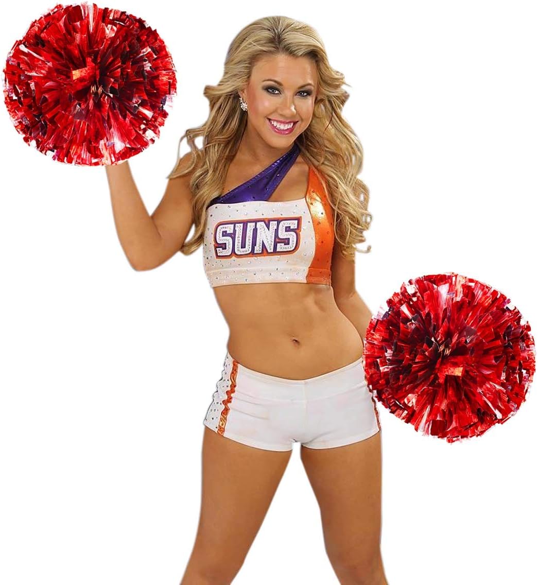 Petluno 4 Pack (2 Pair) Metallic Foil Cheerleader Pom Poms & Plastic Ring Cheer with Baton Handle Cheerleading Pompoms for Sports Party Dance Team Accessories Cheering Squad Spirit (Red Silver) - Image 3