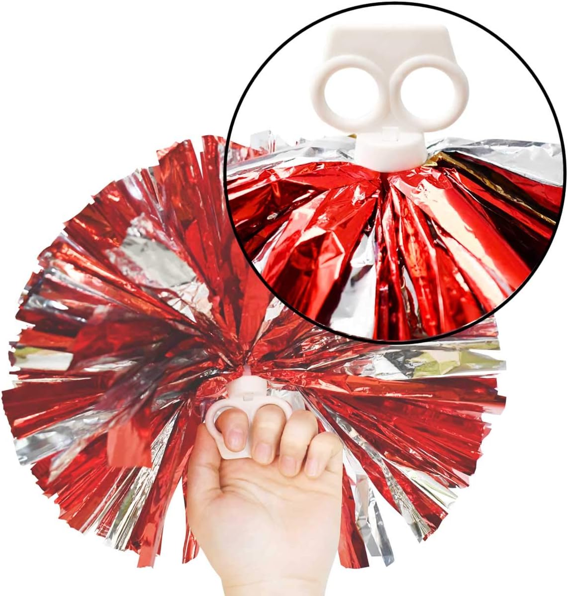 Petluno 4 Pack (2 Pair) Metallic Foil Cheerleader Pom Poms & Plastic Ring Cheer with Baton Handle Cheerleading Pompoms for Sports Party Dance Team Accessories Cheering Squad Spirit (Red Silver) - Image 4