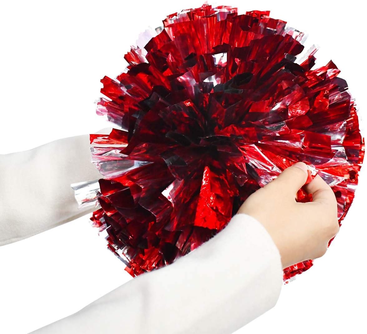 Petluno 4 Pack (2 Pair) Metallic Foil Cheerleader Pom Poms & Plastic Ring Cheer with Baton Handle Cheerleading Pompoms for Sports Party Dance Team Accessories Cheering Squad Spirit (Red Silver) - Image 5