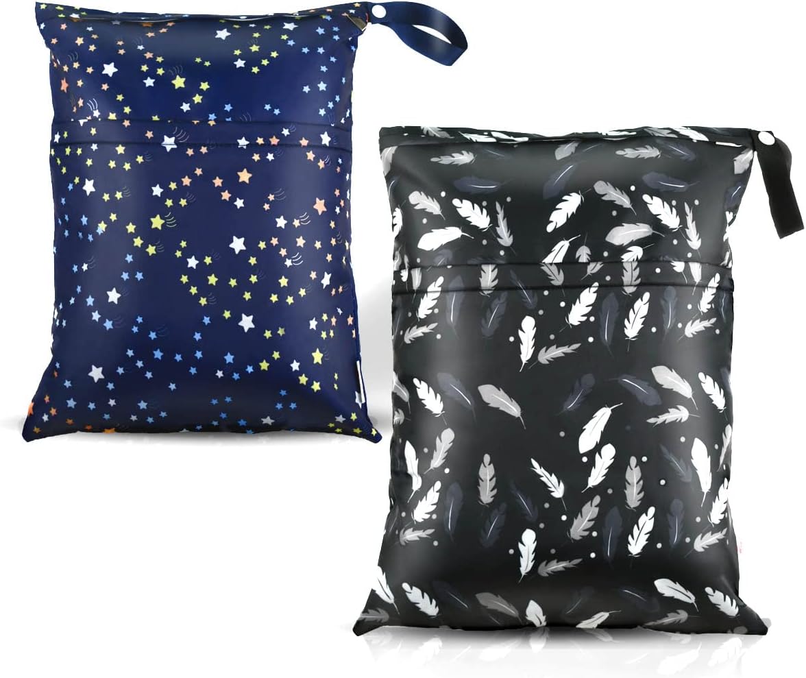 2 Pcs Waterproof Reusable Wet Dry Bag for Diaper Baby Cloth Gym Clothes Washable Travel Bags Beach Pool Swimsuits Pockets with Two Zippered Dirty Diapers Stroller Yoga Toiletries Daycare Organizer - Image 1