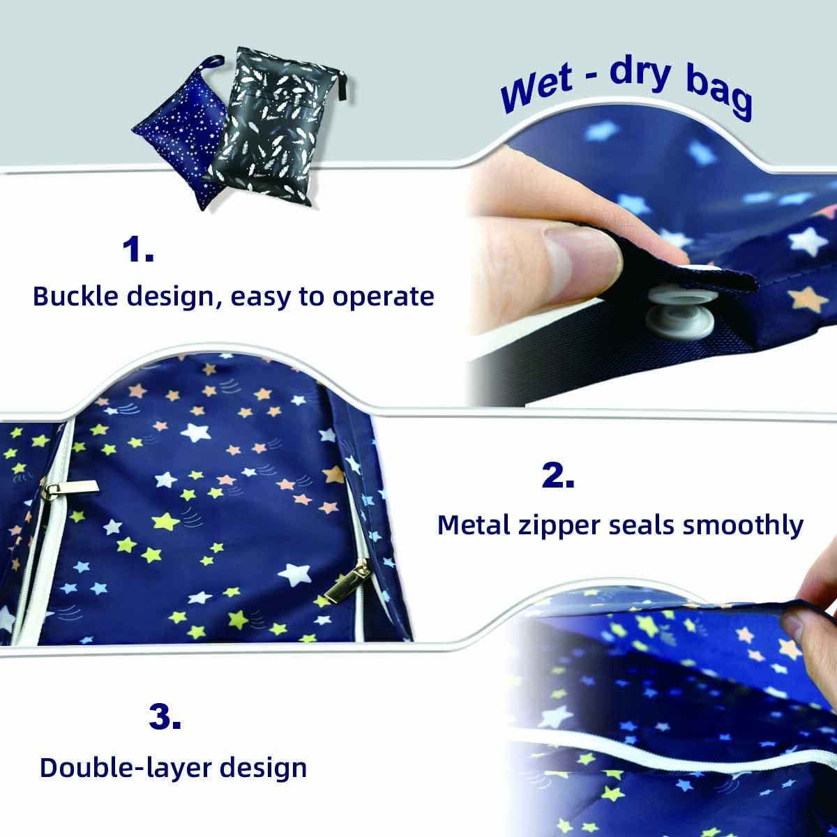 2 Pcs Waterproof Reusable Wet Dry Bag for Diaper Baby Cloth Gym Clothes Washable Travel Bags Beach Pool Swimsuits Pockets with Two Zippered Dirty Diapers Stroller Yoga Toiletries Daycare Organizer - Image 2