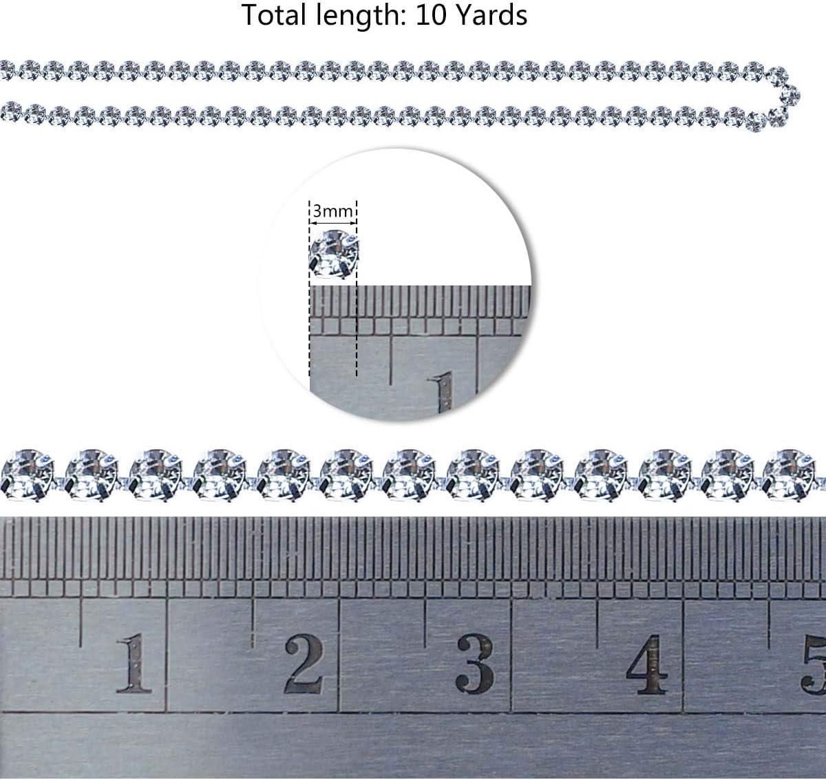 1 Roll 10 Yards 3MM Crystal Rhinestone Close Chain Trim for Sewing Craft DIY Decoration Jewelry Silver Claw Cup Diamond Trimming Clear (SS12) silver - Image 6