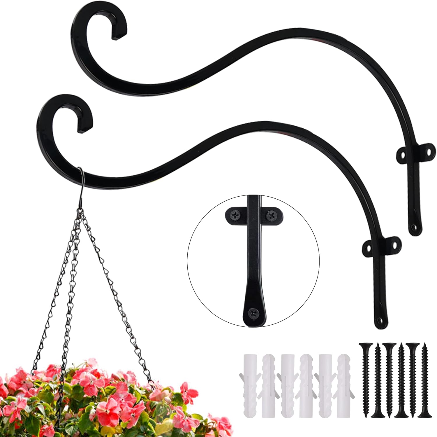 2 Pack Plant Hanger Outdoor, 12 Inch Heavy-Duty Hanging Plant Hook for Outside Basket, Black Metal Wall Mount Plant Bracket Hook for Flower Baskets Bird Feeder - Image 1