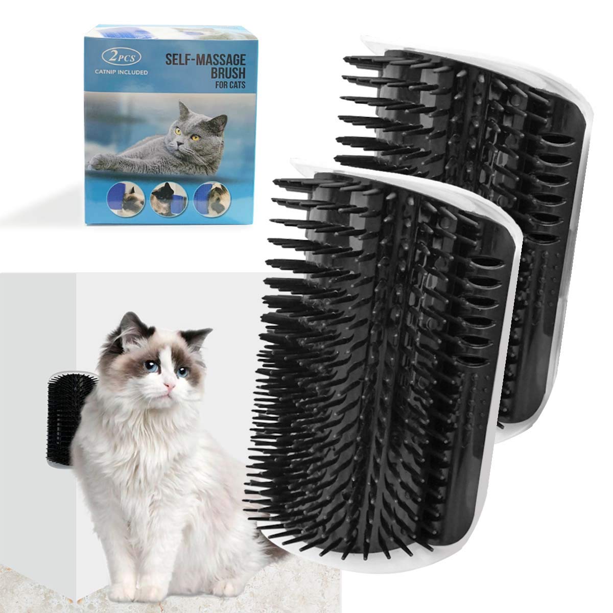 2 Pack Black Catnip Wall Massage Corner Brush for Long & Short Fur Cats and Kittens - Self Groomer Scratcher with Soft Comb - Image 1