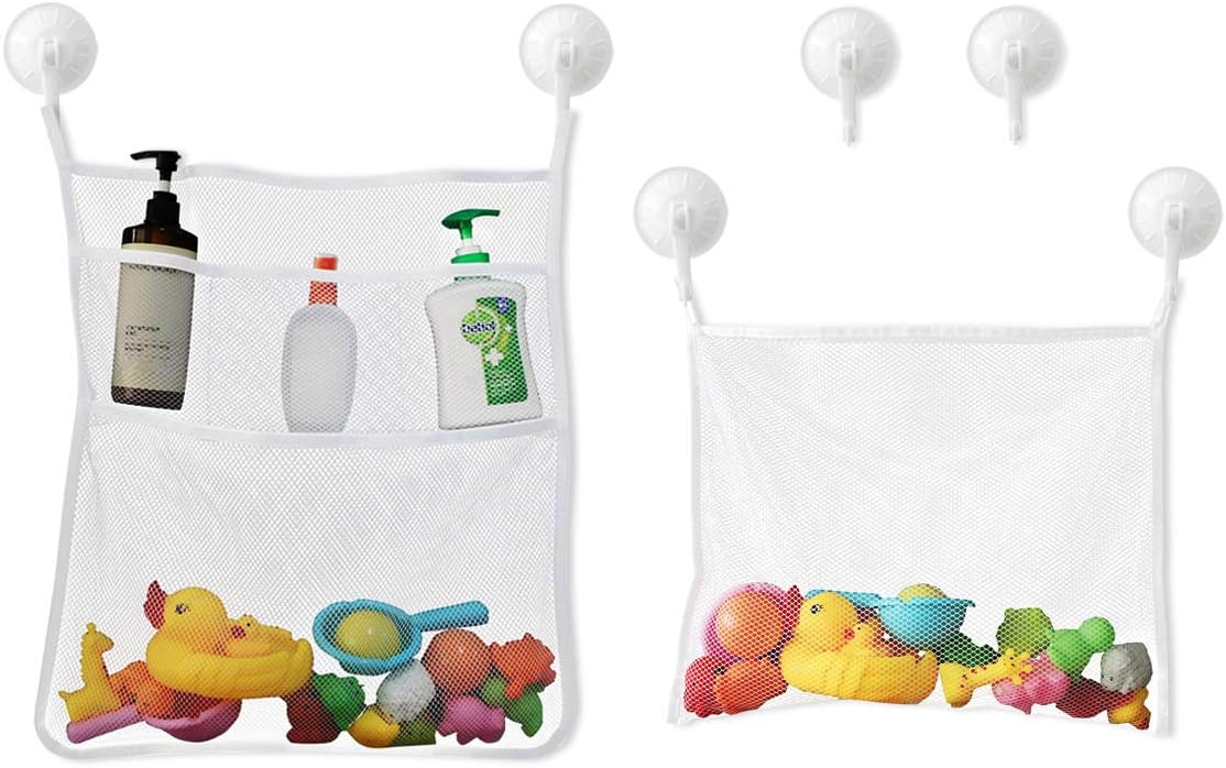 Petluno Bath Toy Organizer Mesh Storage Baby Shower Toys Bathtub Net Bag Kids Quick Dry Holder 2 X Bathroom & 6 Strong Suction Hooks (White) - Image 1