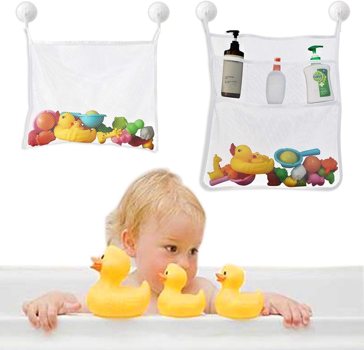 Petluno Bath Toy Organizer Mesh Storage Baby Shower Toys Bathtub Net Bag Kids Quick Dry Holder 2 X Bathroom & 6 Strong Suction Hooks (White) - Image 2