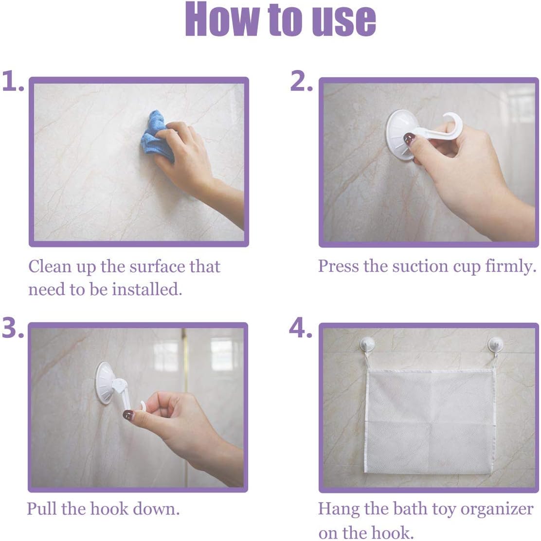 Petluno Bath Toy Organizer Mesh Storage Baby Shower Toys Bathtub Net Bag Kids Quick Dry Holder 2 X Bathroom & 6 Strong Suction Hooks (White) - Image 4