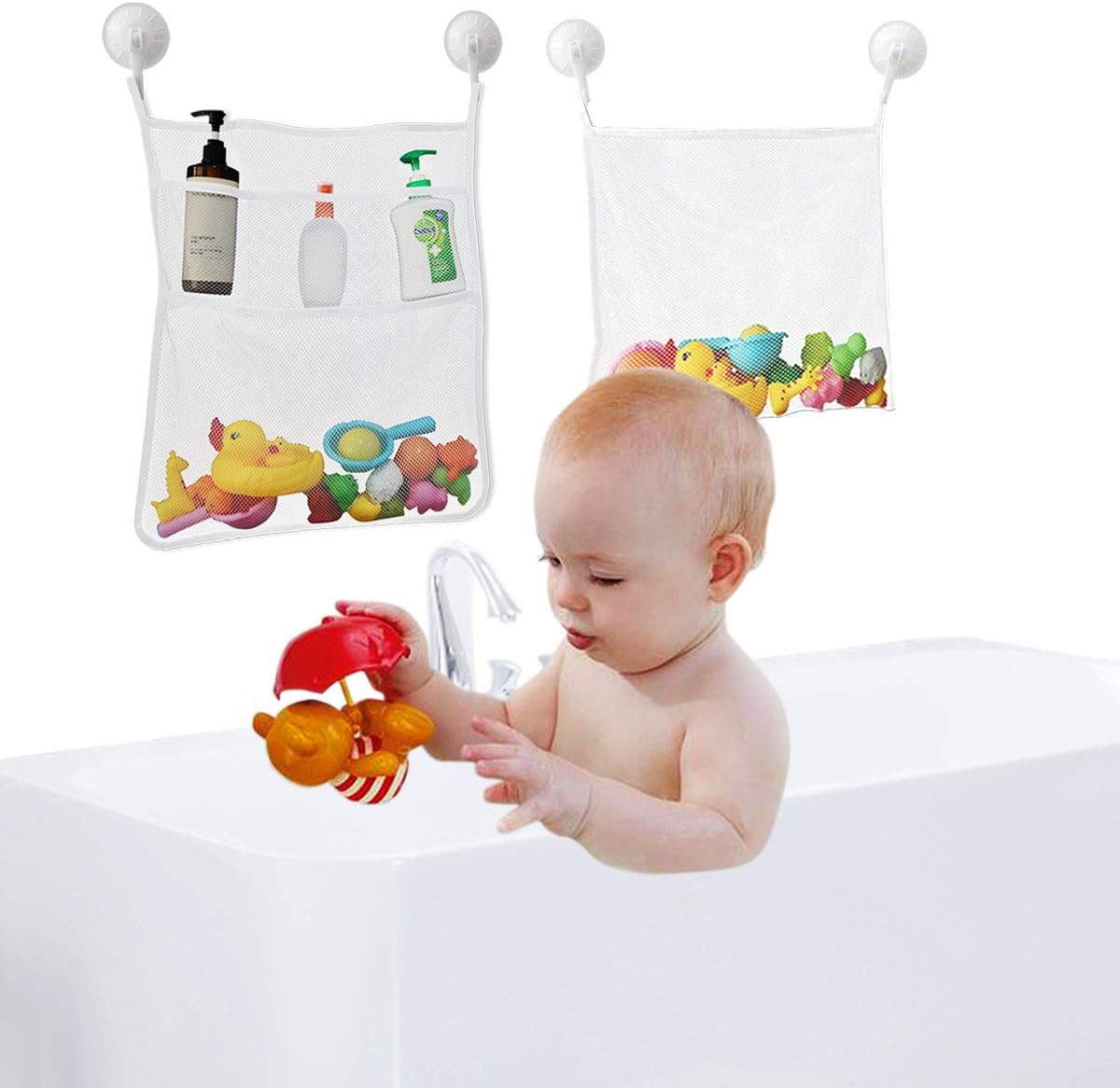 Petluno Bath Toy Organizer Mesh Storage Baby Shower Toys Bathtub Net Bag Kids Quick Dry Holder 2 X Bathroom & 6 Strong Suction Hooks (White) - Image 5