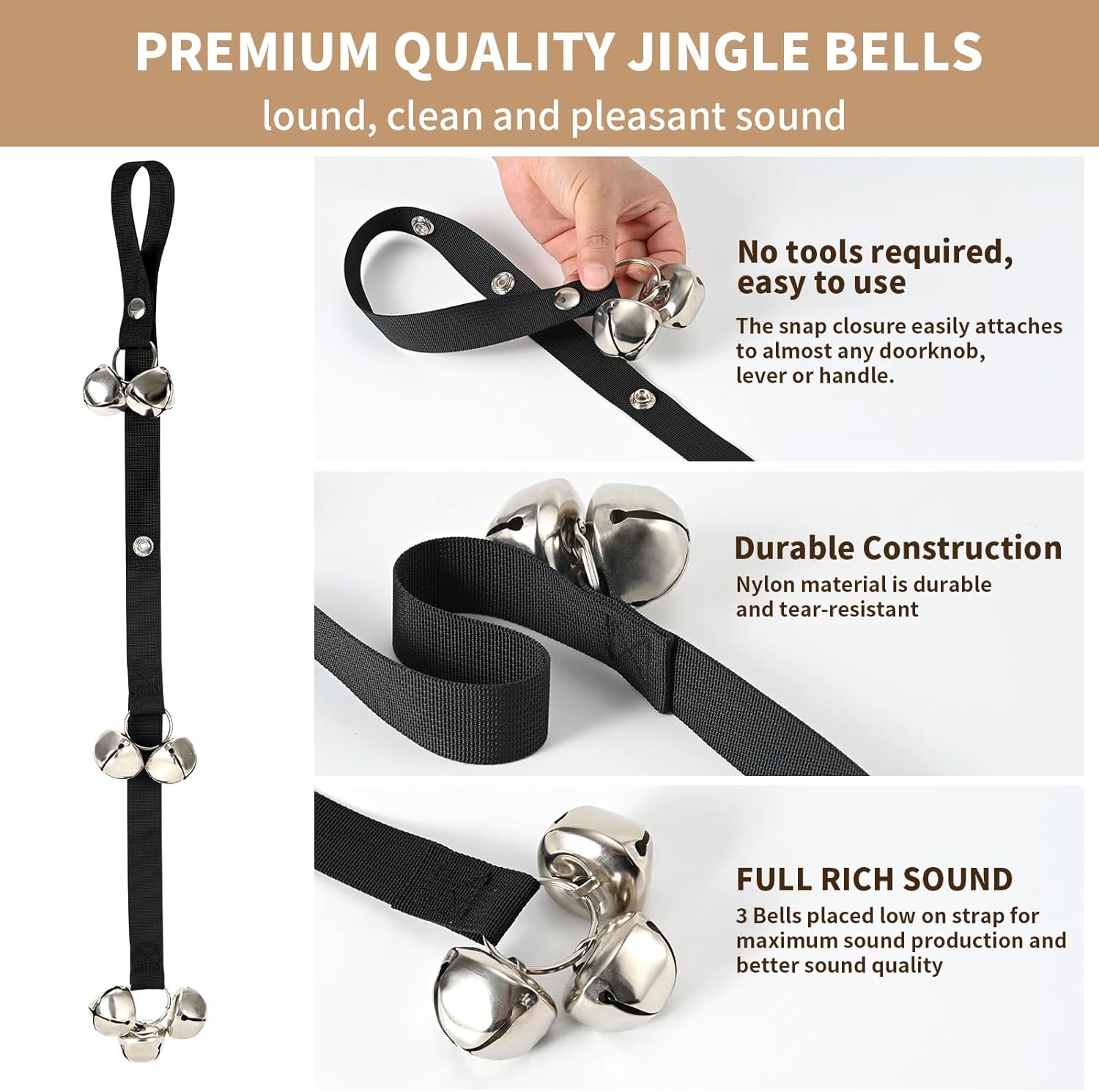 Upgraded Puppy Bells Dog Doorbells for Door Knob/Potty Training/Go Outside-Dog Puppies Dogs Doggy Doggie Pooch Pet Cat Lovers-Premium Quality-3 Snaps Length Adjustment Black; 1 Pack - Image 2