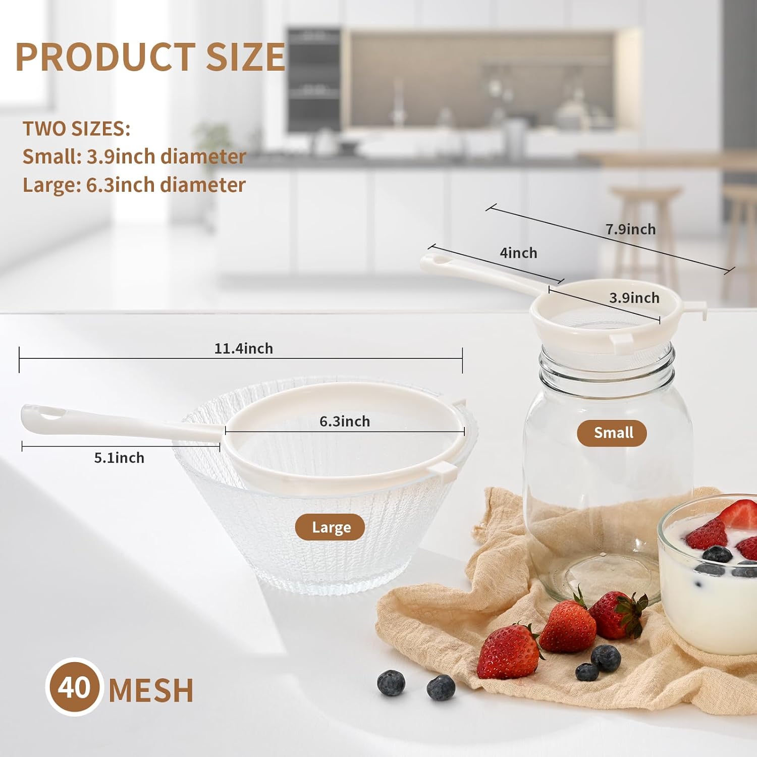 Kefir Strainer Set, 2-Size Plastic Non-Metal Sieve with Fine Mesh for Grains, Milk Kefir, Water & Kombucha - Durable, Food Grade Easy Clean White - Image 2