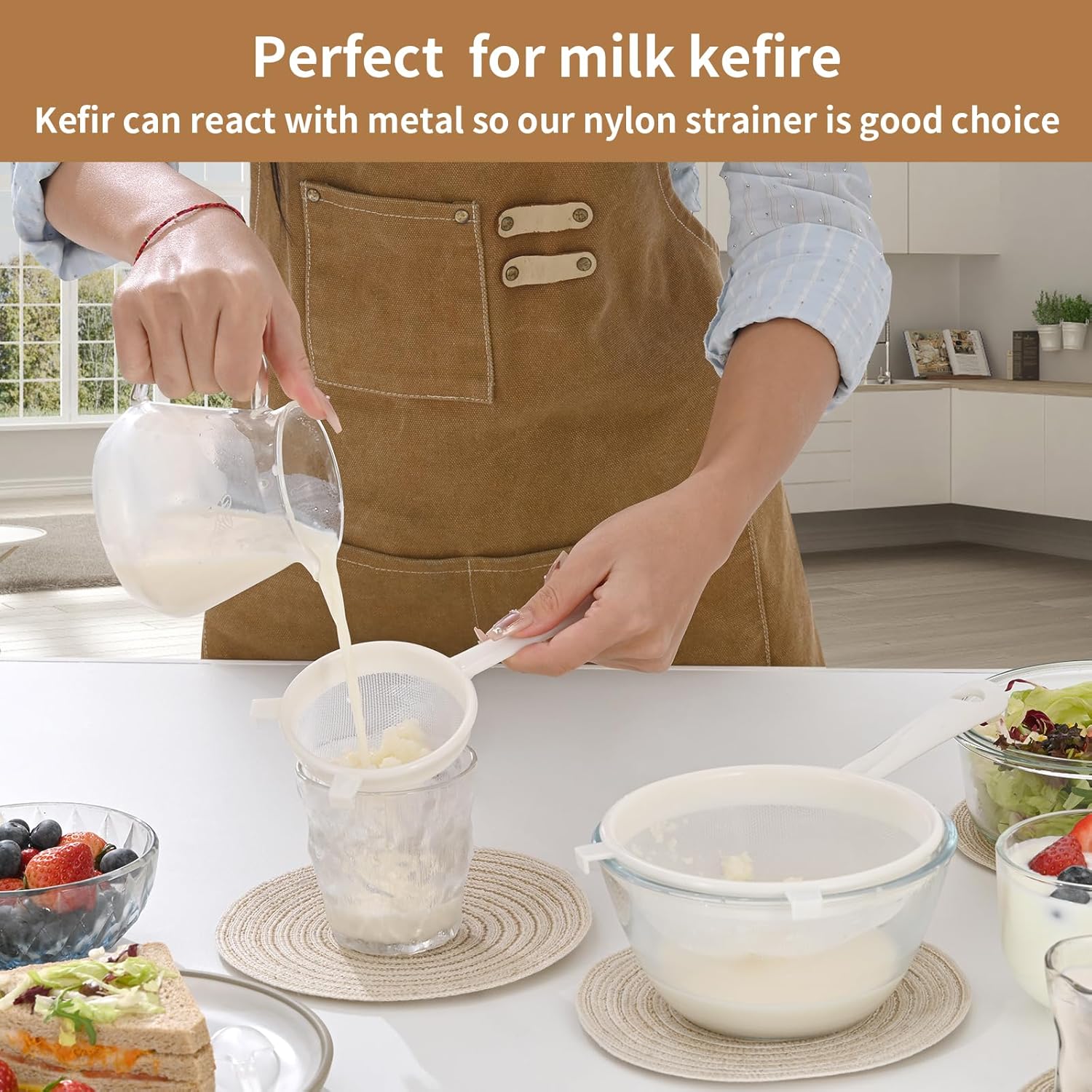 Kefir Strainer Set, 2-Size Plastic Non-Metal Sieve with Fine Mesh for Grains, Milk Kefir, Water & Kombucha - Durable, Food Grade Easy Clean White - Image 4