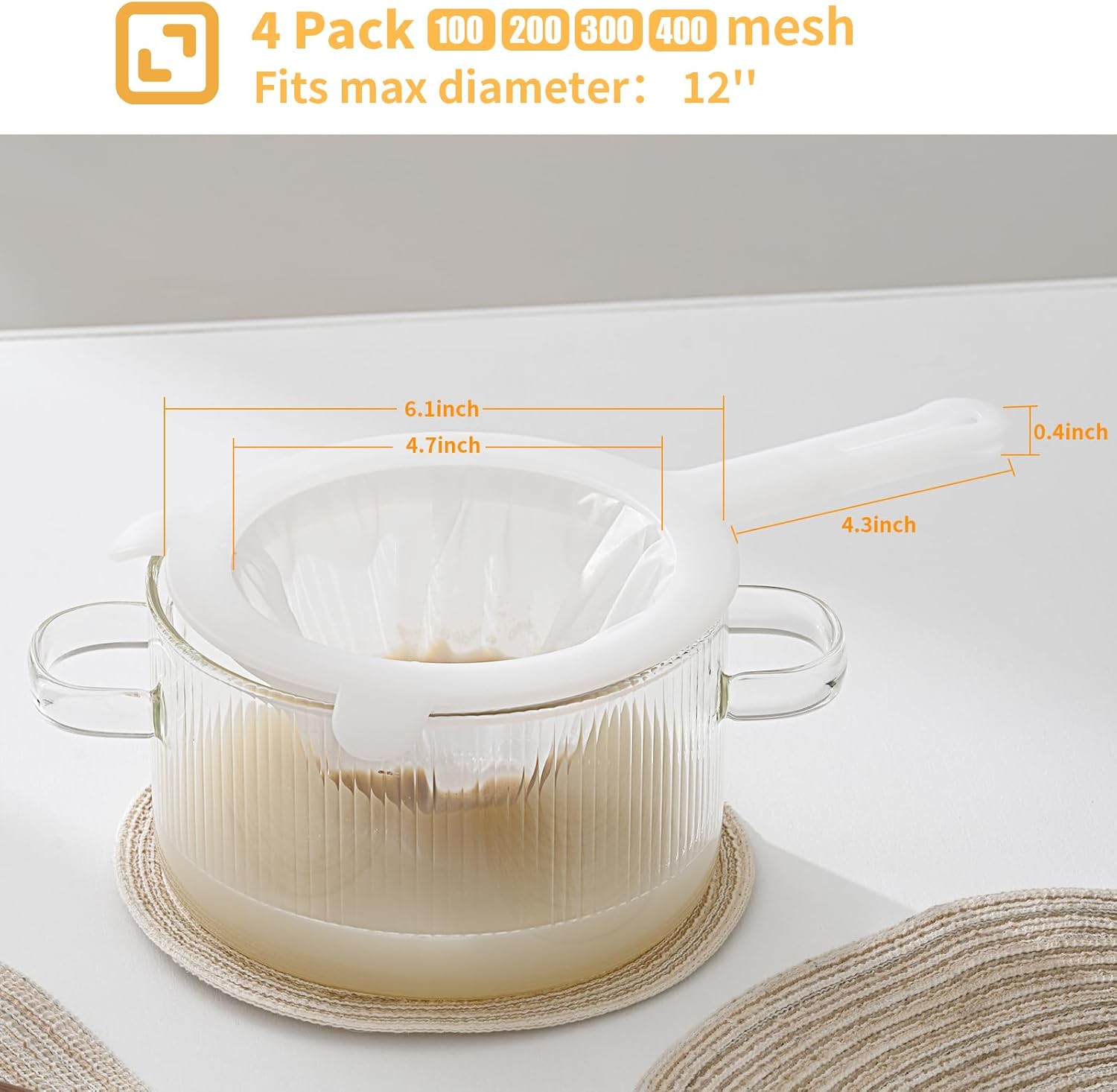 Premium Multi-Mesh Strainer Set, 4 Pack - 100/200/300/400 Mesh, Nylon & Plastic Fine Mesh Sieve for Tea, Coffe, Nut Milk, Juice, Broth, Smoothies, Reusable Easy to Clean, Durable,Dishwarer Safe - Image 2