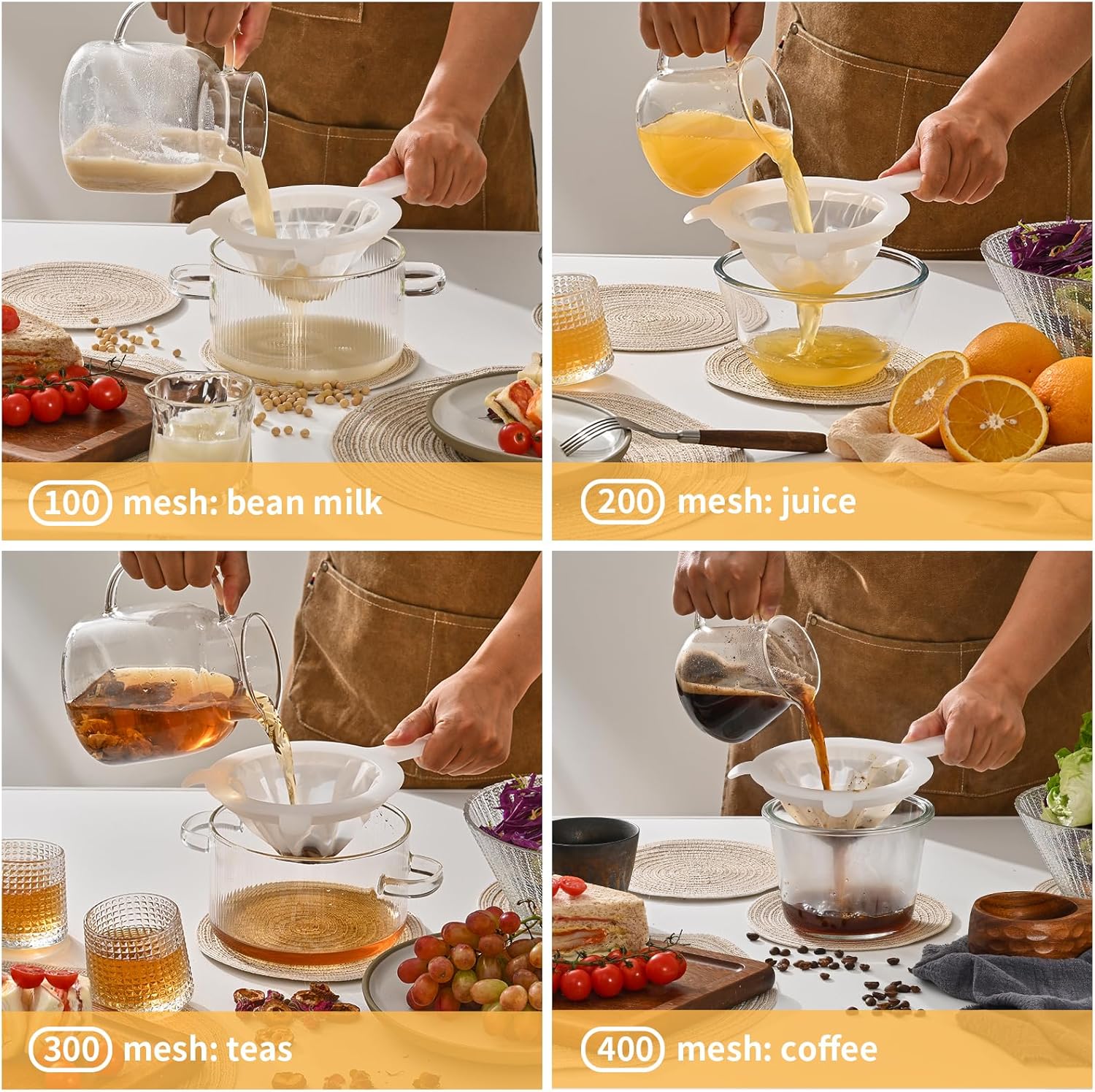 Premium Multi-Mesh Strainer Set, 4 Pack - 100/200/300/400 Mesh, Nylon & Plastic Fine Mesh Sieve for Tea, Coffe, Nut Milk, Juice, Broth, Smoothies, Reusable Easy to Clean, Durable,Dishwarer Safe - Image 4