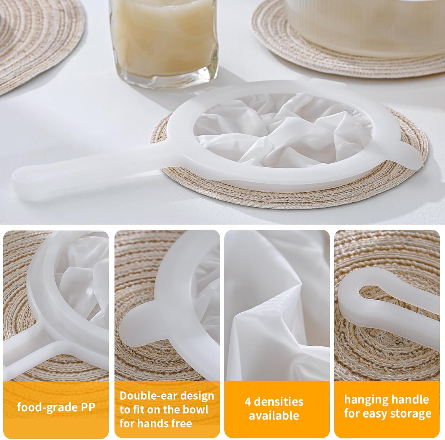 Premium Multi-Mesh Strainer Set, 4 Pack - 100/200/300/400 Mesh, Nylon & Plastic Fine Mesh Sieve for Tea, Coffe, Nut Milk, Juice, Broth, Smoothies, Reusable Easy to Clean, Durable,Dishwarer Safe - Image 6
