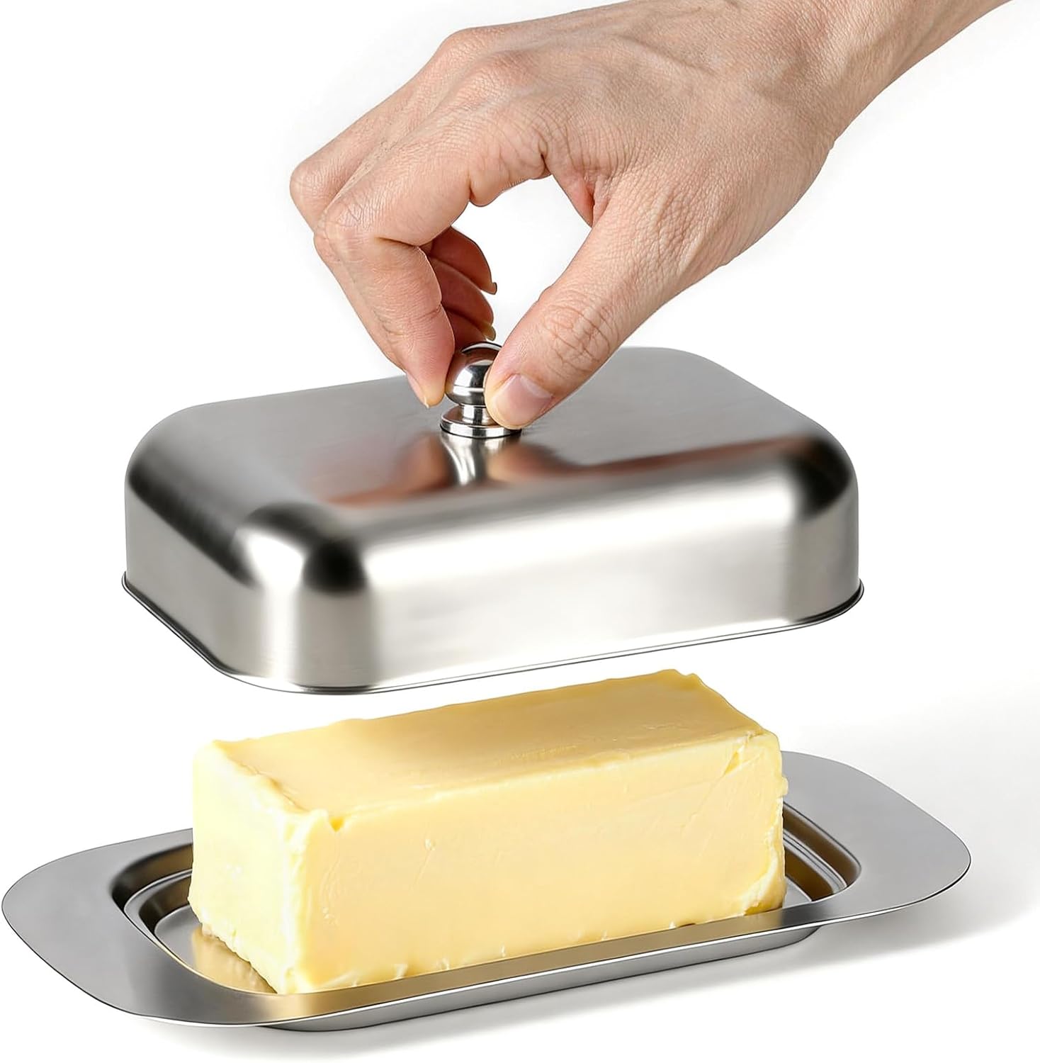 Stainless Steel Butter Dish with Lid and Handle, 7.5
