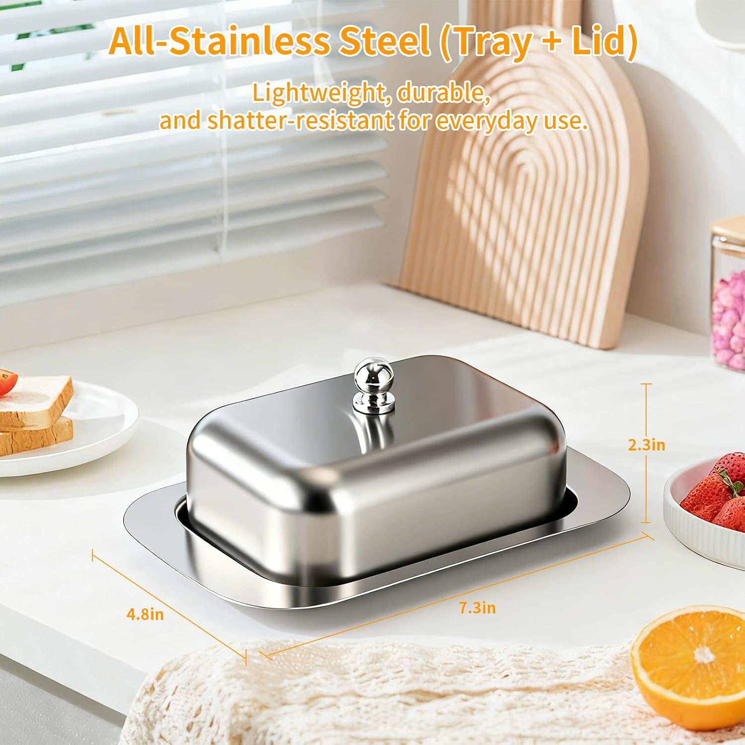 Stainless Steel Butter Dish with Lid and Handle, 7.5