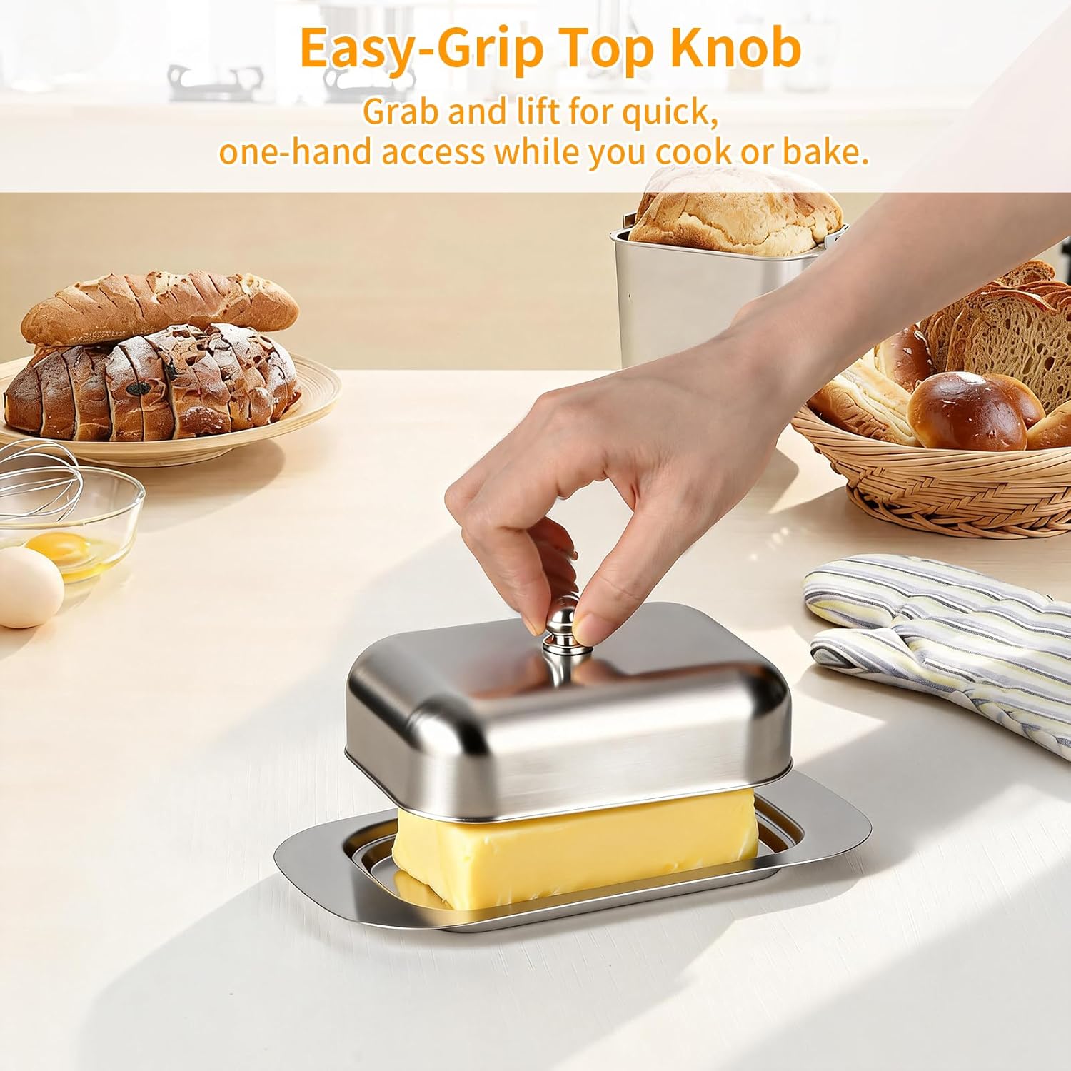 Stainless Steel Butter Dish with Lid and Handle, 7.5