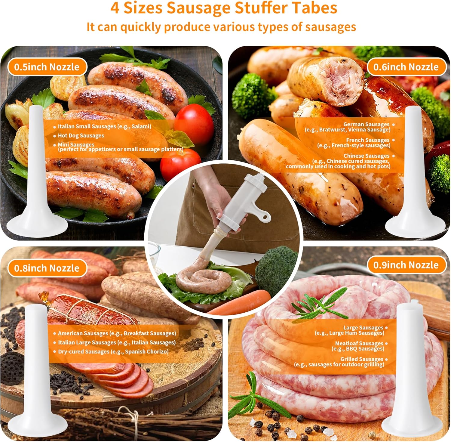 Manual Sausage Stuffer with 4 Stuffing Tubes, BPA-Free Plastic Meat Filler, 12/15/20/24mm Tubes for Natural, Collagen Casings, DIY Hot Dogs, Bratwursts - Image 5