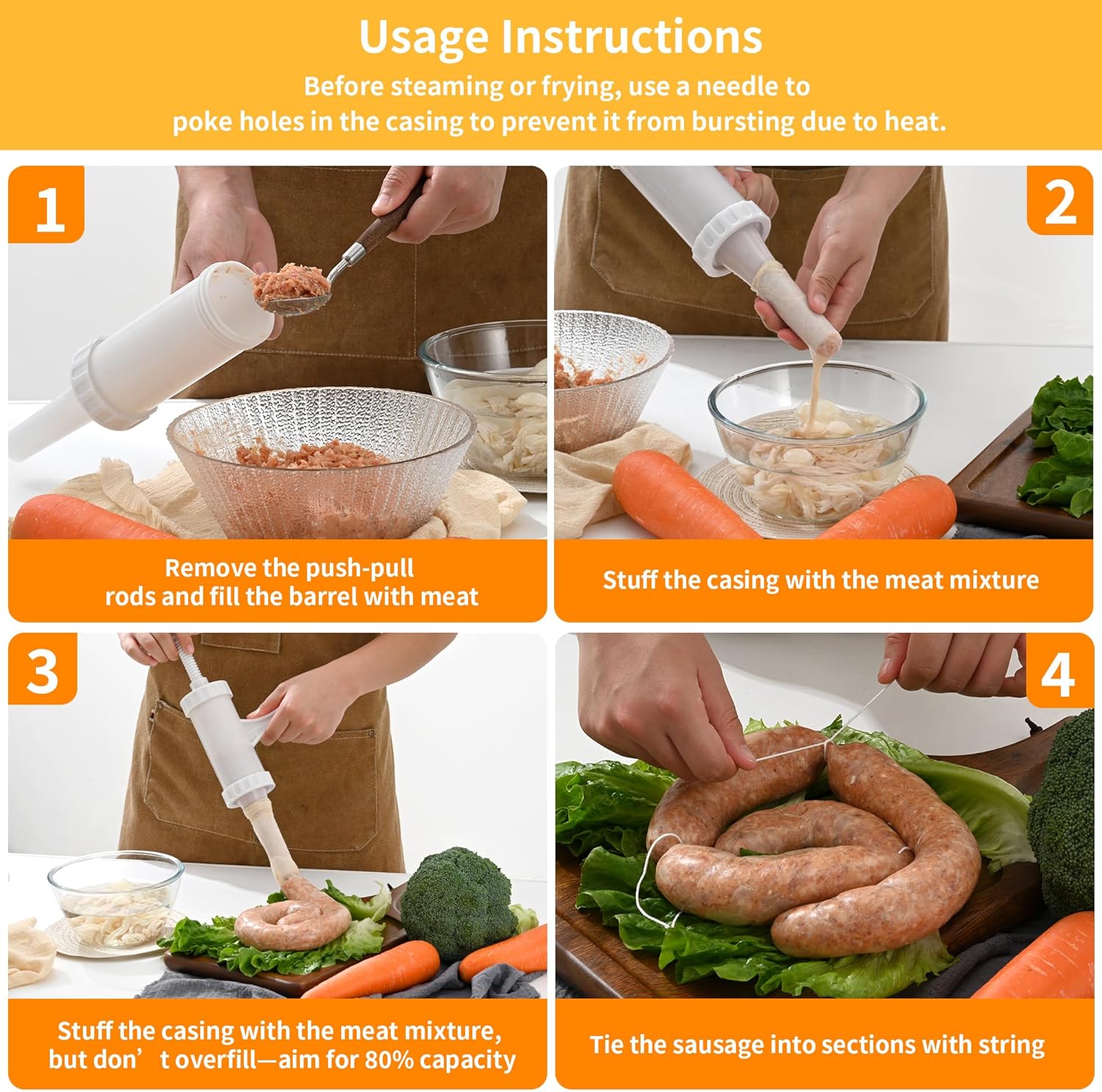 Manual Sausage Stuffer with 4 Stuffing Tubes, BPA-Free Plastic Meat Filler, 12/15/20/24mm Tubes for Natural, Collagen Casings, DIY Hot Dogs, Bratwursts - Image 6
