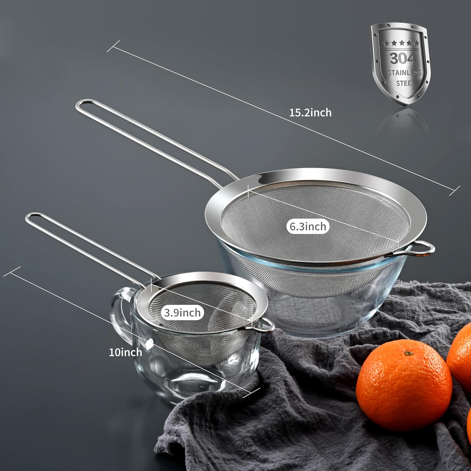 Premium 304 Stainless Steel Fine Mesh Strainer – Multi-Use Colander, Sieve, and Filter for Rice, Juice, Quinoa, Flour, Baking, Cooking, Meal Prep Durable, Easy-to-Clean Kitchen Tool  7.1 in + 3.9 - Image 2