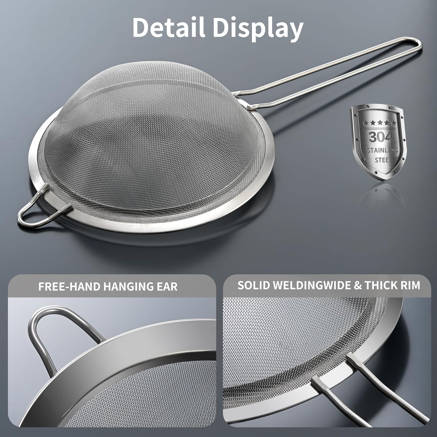 Premium 304 Stainless Steel Fine Mesh Strainer – Multi-Use Colander, Sieve, and Filter for Rice, Juice, Quinoa, Flour, Baking, Cooking, Meal Prep Durable, Easy-to-Clean Kitchen Tool  7.1 in + 3.9 - Image 3