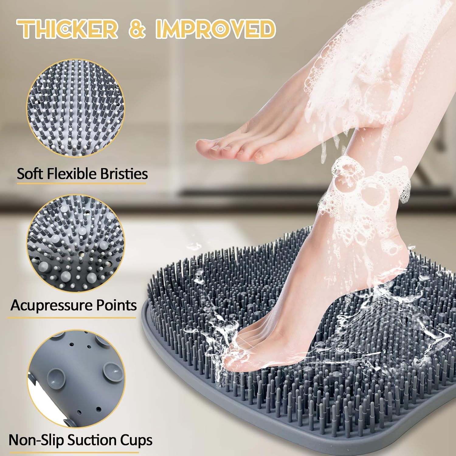 Extra Thicker & Larger Foot Scrubber Mat for Shower, Silicone Back Body Exfoliator Massager Cleaner Washer with Non Slip Suction Cup, Exfoliating Scrub Brush Pad Women Men Elderly - Image 3