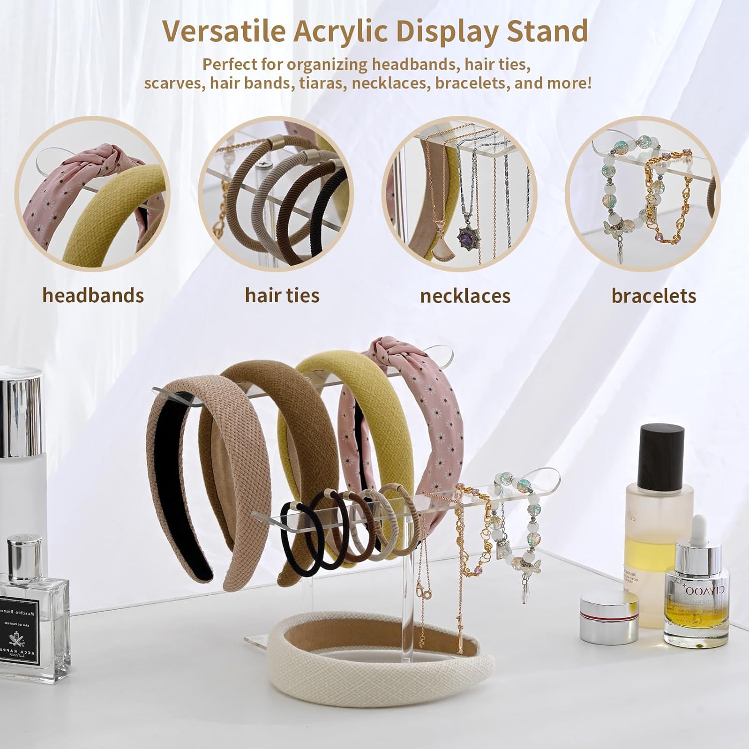 Petluno Double-Tier Clear Acrylic Headband Holder Stand - Elegant Display for 20+ Hair Bands, Accessories Organizer Bedroom, Vanity & Salon Space-Saving, Durable Stylish - Image 3