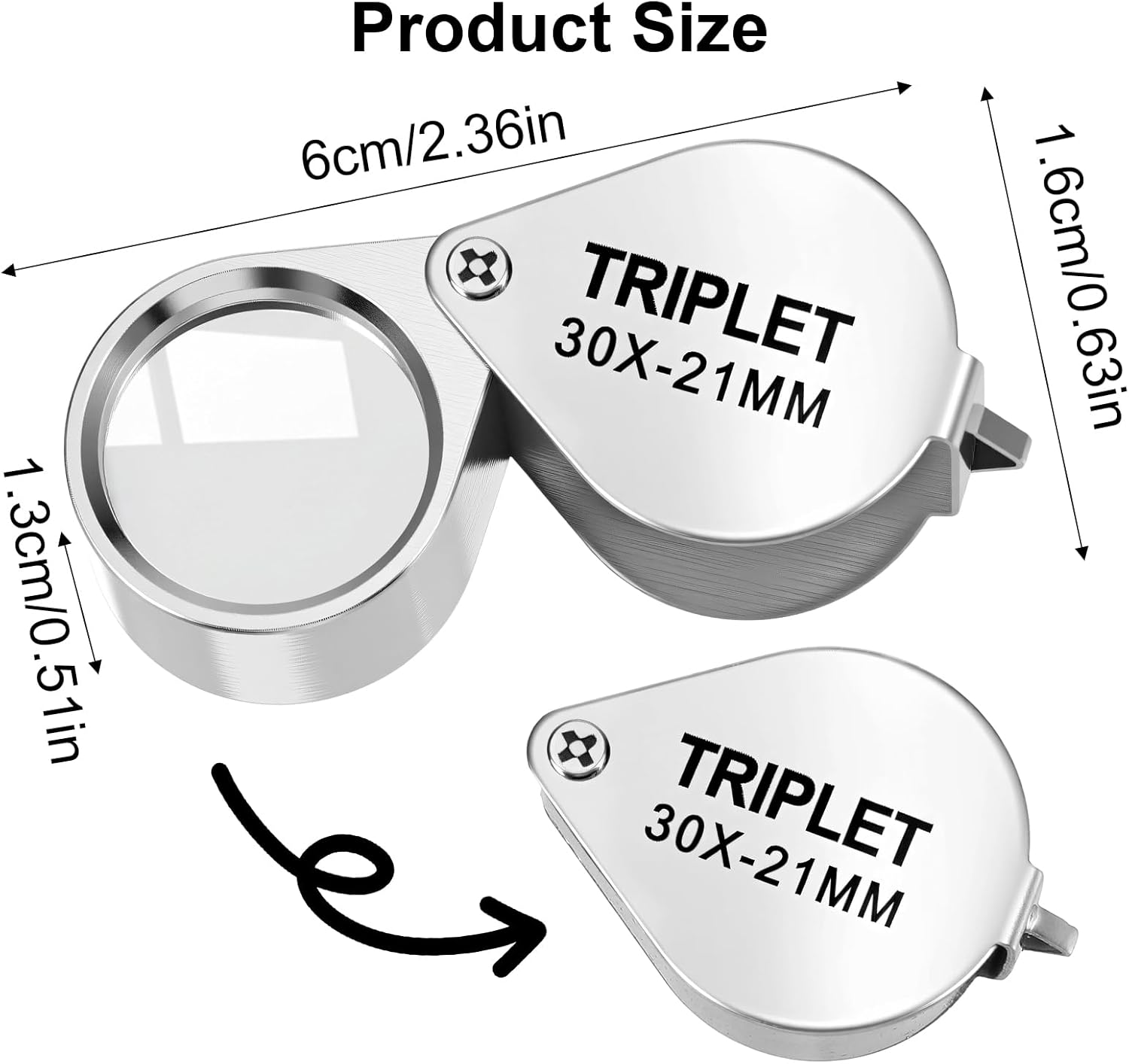 Xindojuz 2 PCS Jewelers Loop Magnifier, Pocket Foldable 30X 21mm Jewelry Eye Small Magnifying Glass Jewelers loupe Magnifier Set for Gems Diamonds Plants Coins Stamps Antiques and More (Silver) - Image 1