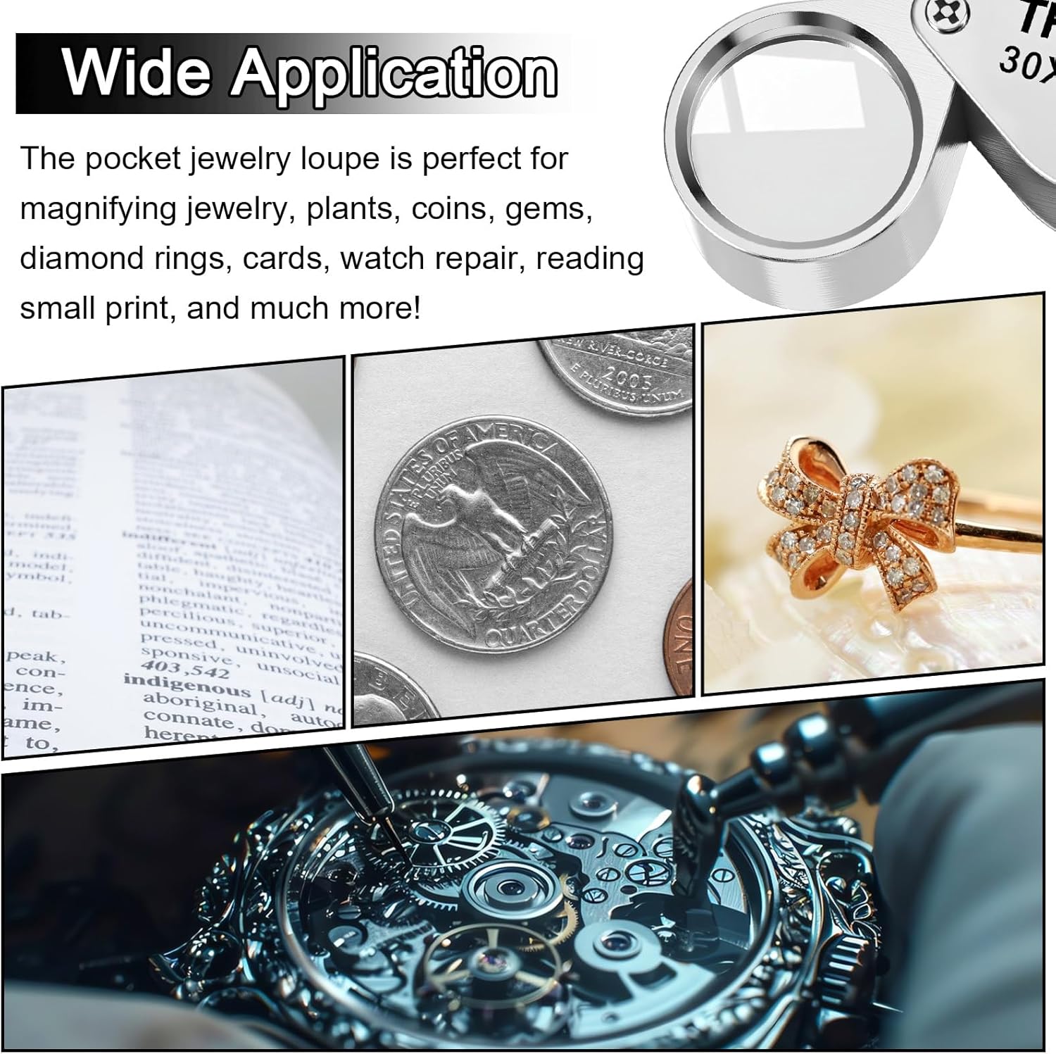 Xindojuz 2 PCS Jewelers Loop Magnifier, Pocket Foldable 30X 21mm Jewelry Eye Small Magnifying Glass Jewelers loupe Magnifier Set for Gems Diamonds Plants Coins Stamps Antiques and More (Silver) - Image 2