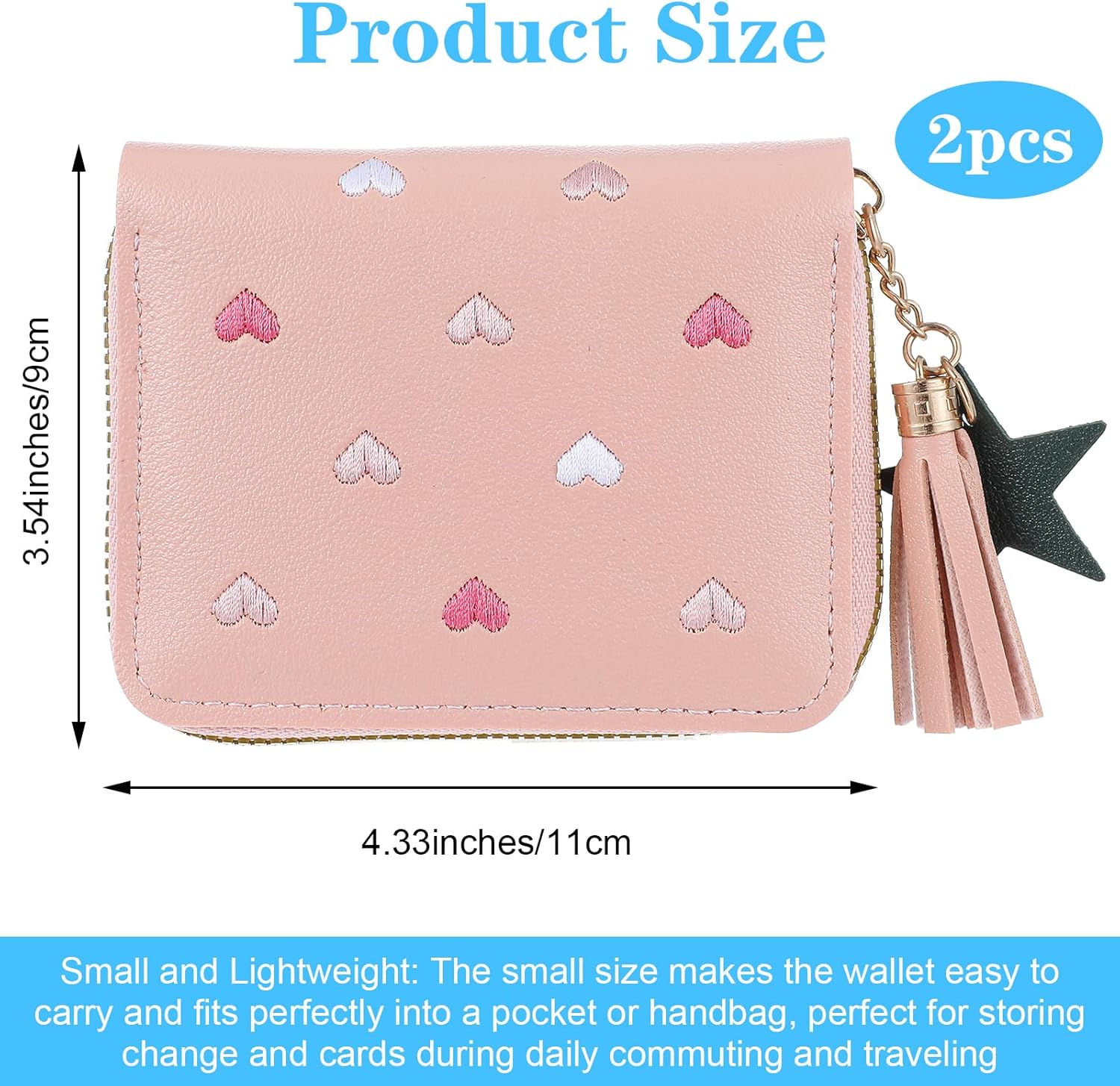 2 PCS Wallets for Girls, Small PU Leather Girls Wallets for Kids 6-8 with Zipper and Card Slots, Cute Credit Card Holder with Heart-embroidery Star Tassels Pendant for Kids Women (Blue, Pink) - Image 1