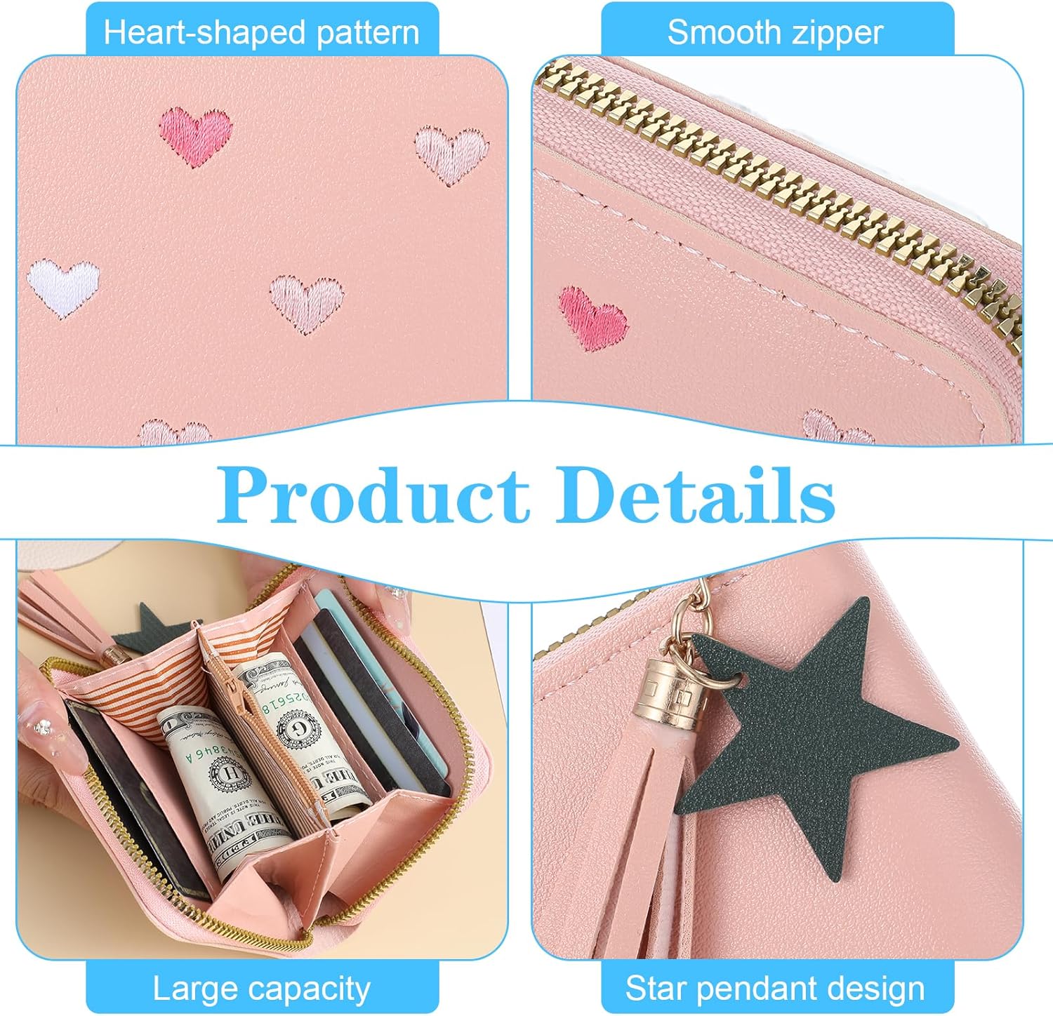2 PCS Wallets for Girls, Small PU Leather Girls Wallets for Kids 6-8 with Zipper and Card Slots, Cute Credit Card Holder with Heart-embroidery Star Tassels Pendant for Kids Women (Blue, Pink) - Image 2