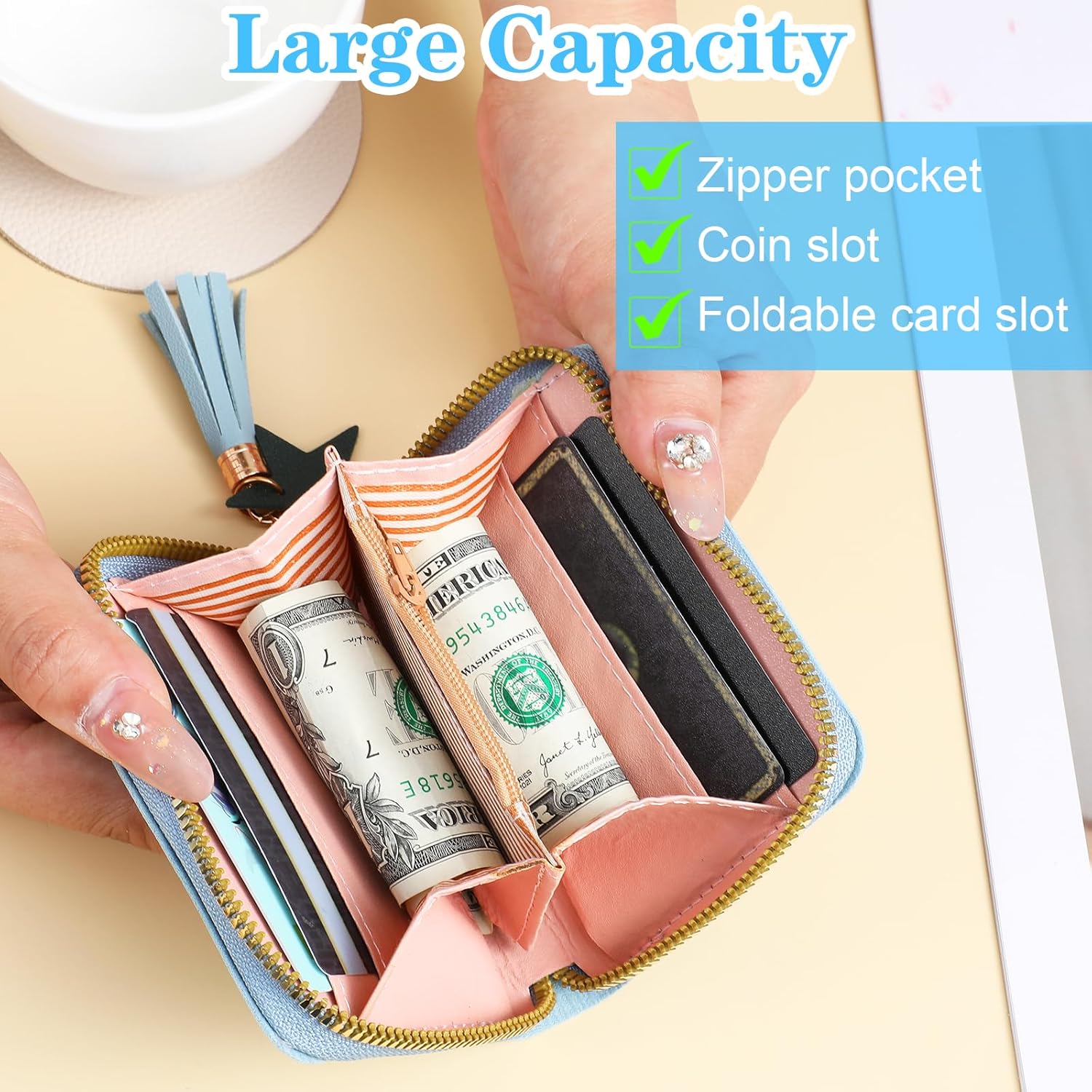 2 PCS Wallets for Girls, Small PU Leather Girls Wallets for Kids 6-8 with Zipper and Card Slots, Cute Credit Card Holder with Heart-embroidery Star Tassels Pendant for Kids Women (Blue, Pink) - Image 3