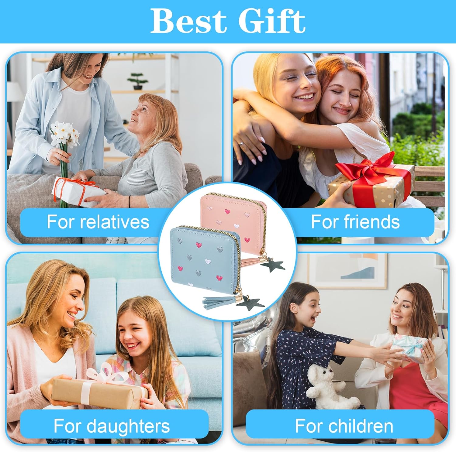 2 PCS Wallets for Girls, Small PU Leather Girls Wallets for Kids 6-8 with Zipper and Card Slots, Cute Credit Card Holder with Heart-embroidery Star Tassels Pendant for Kids Women (Blue, Pink) - Image 4