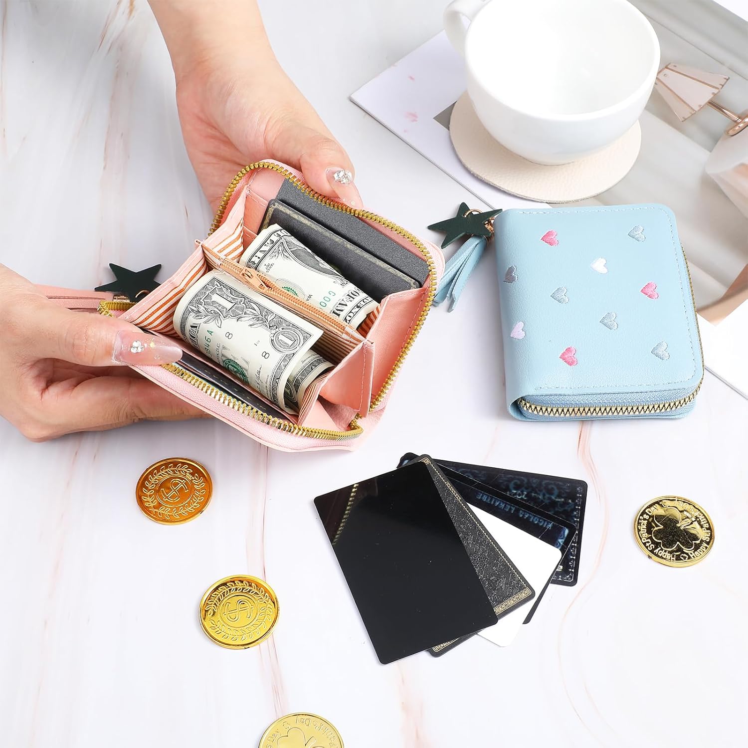 2 PCS Wallets for Girls, Small PU Leather Girls Wallets for Kids 6-8 with Zipper and Card Slots, Cute Credit Card Holder with Heart-embroidery Star Tassels Pendant for Kids Women (Blue, Pink) - Image 5