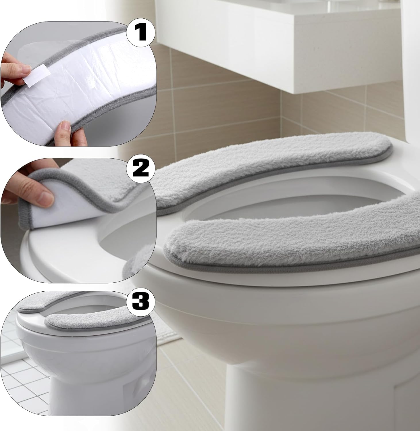 2 PCS Thick and Elastic Toilet Seat Cushion Cover, Washable Soft Padded Toilet Seat Elongated, Easy Install with Double-Sided Hook and Loop Fastener, Seats Mat Cushions for Elderly, Seniors (Gray) - Image 3