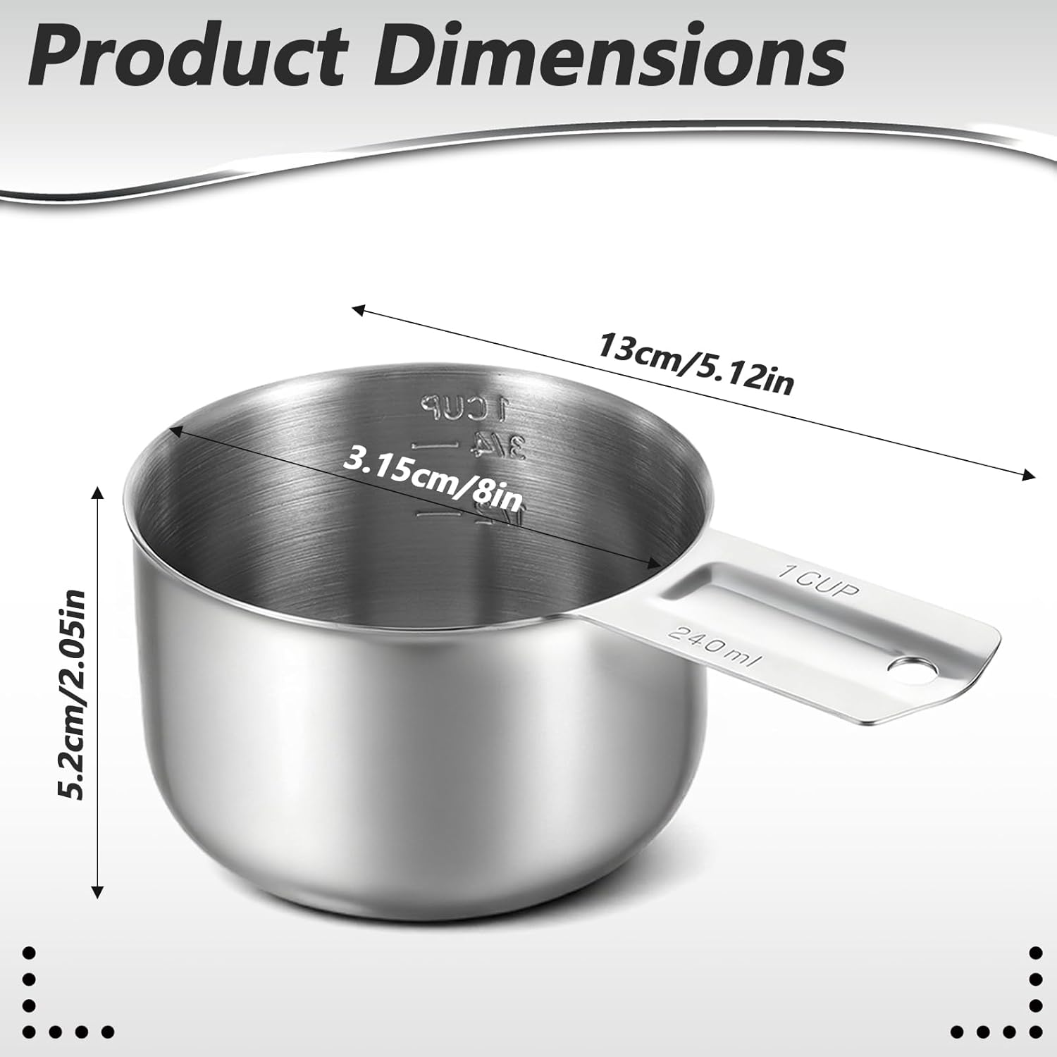 Xindojuz 1 Cup Single Stainless Steel Measuring Cup, Etched Inner Scale Metal Measure Scoop for Cooking Baking, Laundry Detergent, Wet and Dry Ingredients, Dishwasher Safe (240 ml, 8 oz) - Image 1