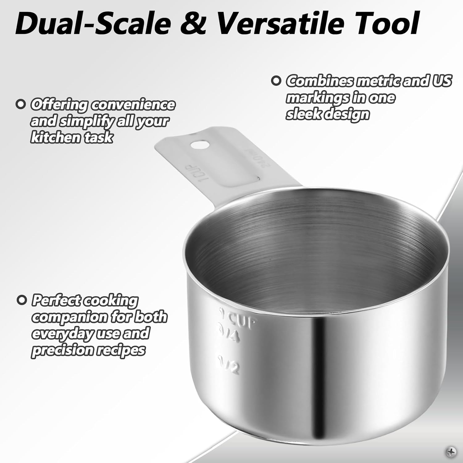 Xindojuz 1 Cup Single Stainless Steel Measuring Cup, Etched Inner Scale Metal Measure Scoop for Cooking Baking, Laundry Detergent, Wet and Dry Ingredients, Dishwasher Safe (240 ml, 8 oz) - Image 2
