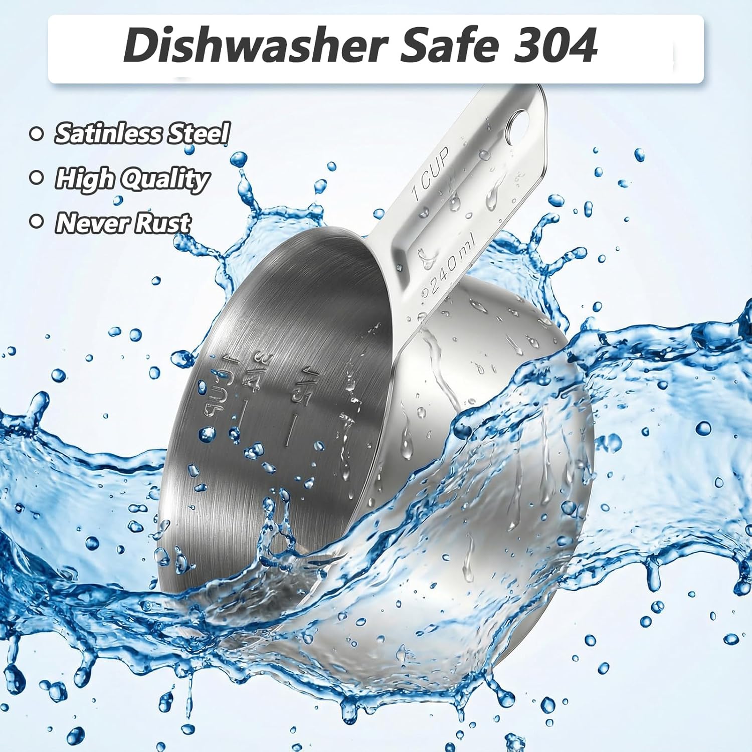 Xindojuz 1 Cup Single Stainless Steel Measuring Cup, Etched Inner Scale Metal Measure Scoop for Cooking Baking, Laundry Detergent, Wet and Dry Ingredients, Dishwasher Safe (240 ml, 8 oz) - Image 4