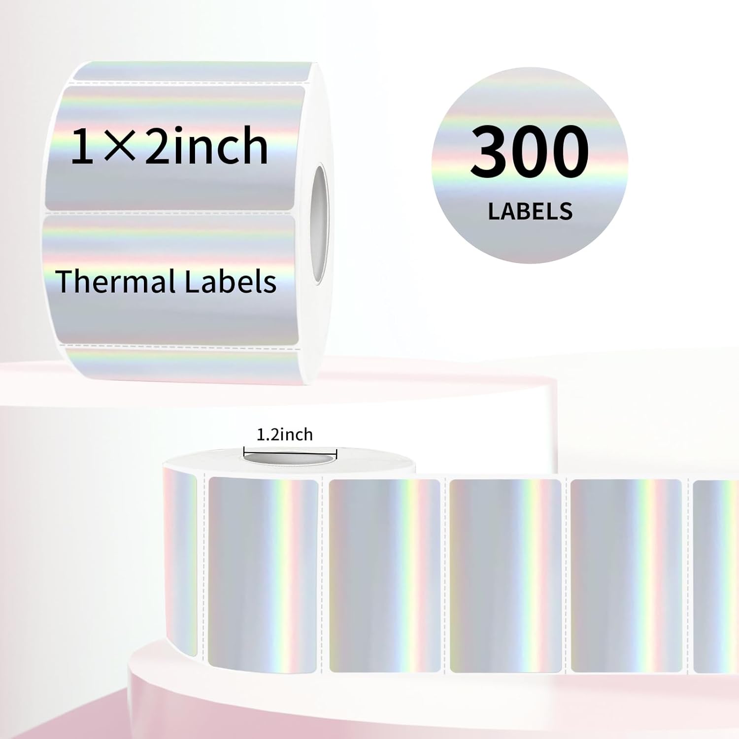 2x1 Inch Holographic Thermal Labels, Silver Glitter Thermal Printer Stickers, Waterproof Self-Adhesive Shipping Label Printer Sticker for Barcode, Name, Address, 300 Labels/Roll - Image 2