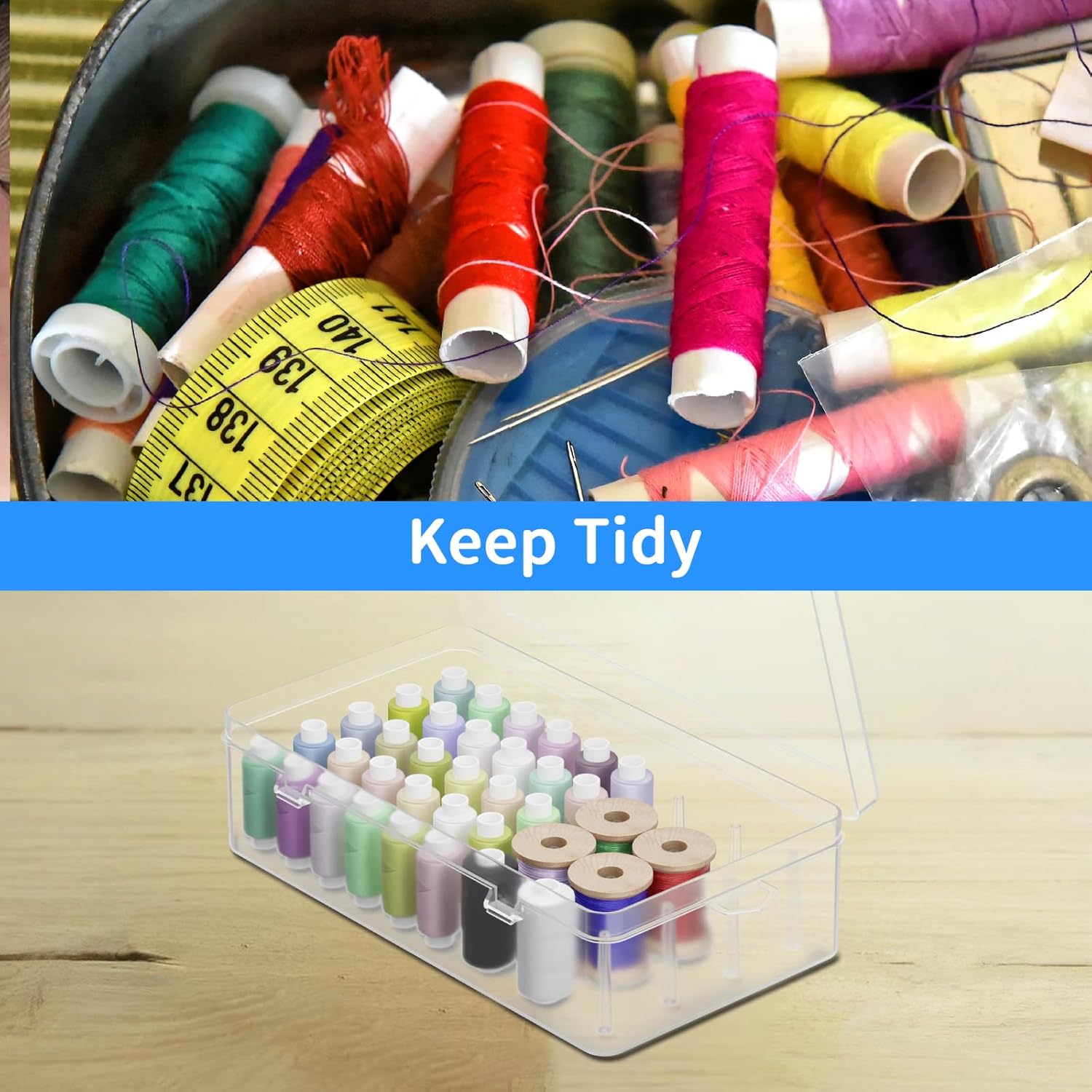 Homakover 42 Spools Sewing Thread Box Storage, Clear Plastic Thread Spools Holder, Embroidery Organizer Bobbins Storage Case, Portable Craft Organizer for Embroidery Quilting and Sewing Threads - Image 5