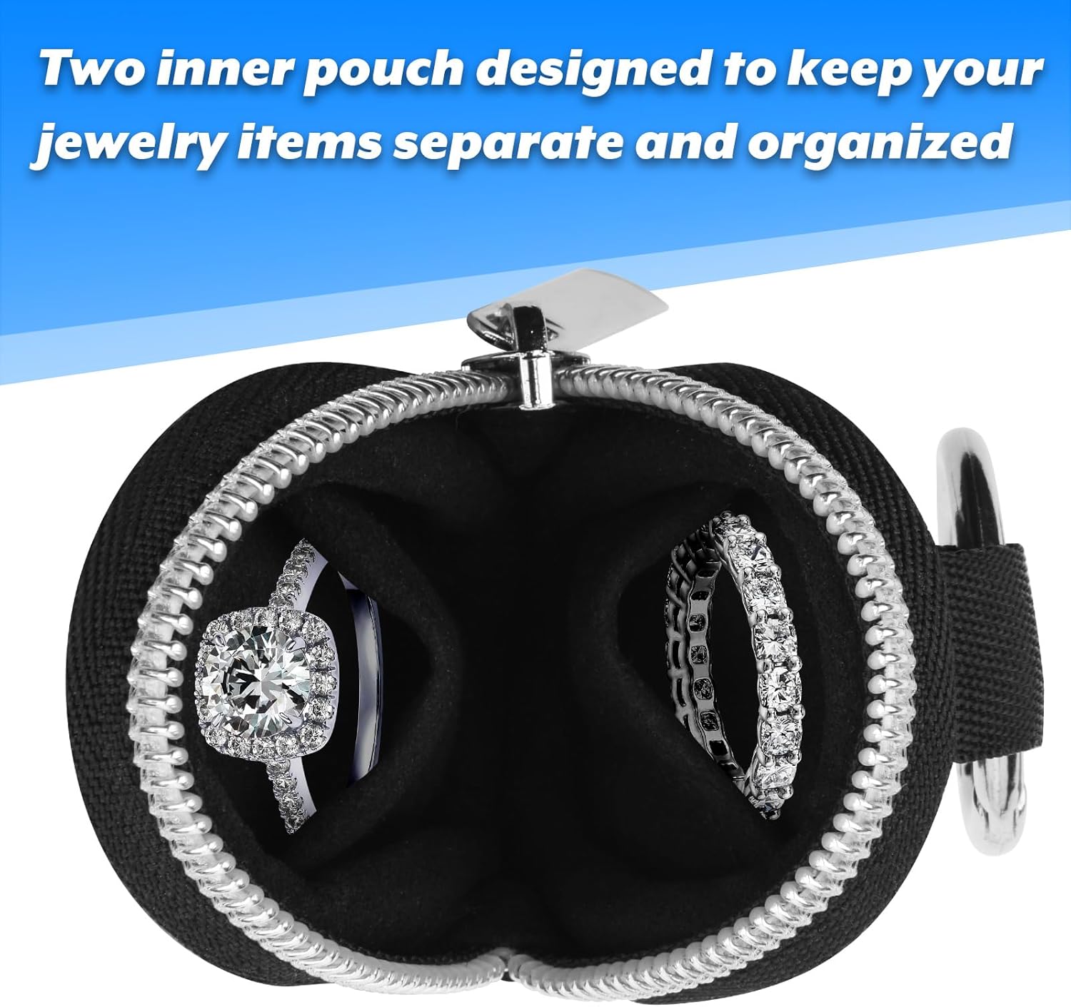 Homakover Portable Ring Organizer Case with Keychain, Traveling Ring Holder Storage Bag, Anti-Lost Keychain Container for Rings, Jewelry (1, Black) - Image 3