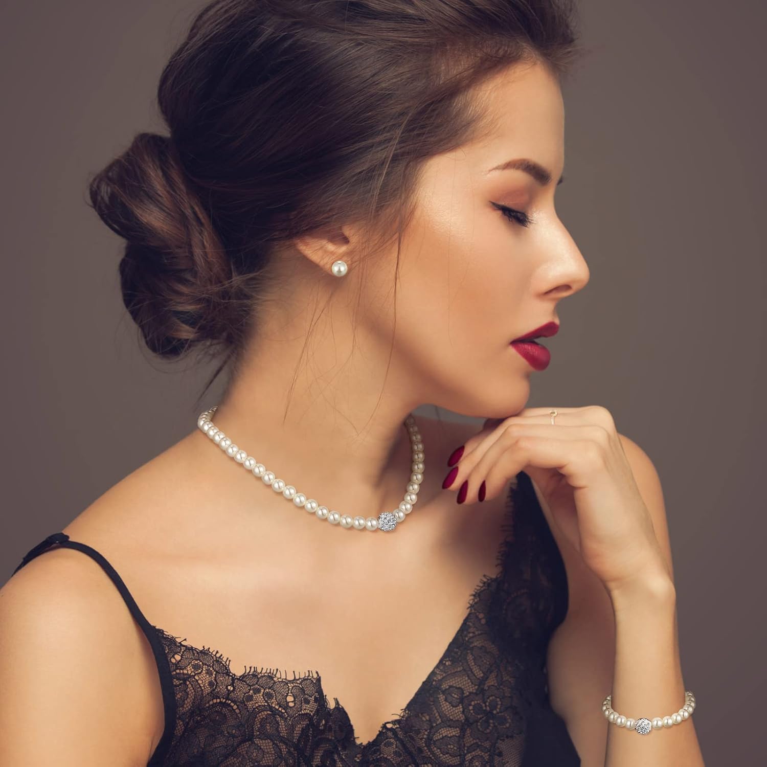 Glenmal Pearl Rhinestone Jewelry Set for Women Pearl Necklace Bracelet Earrings for Wedding Birthday Bridal Shower Tea Party - Image 3