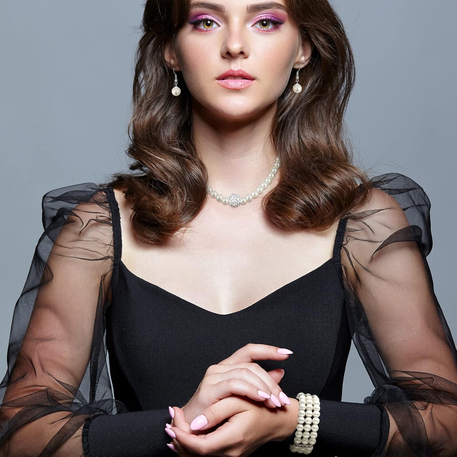Glenmal Pearl Rhinestone Jewelry Set for Women Pearl Necklace Bracelet Earrings for Wedding Birthday Bridal Shower Tea Party - Image 5